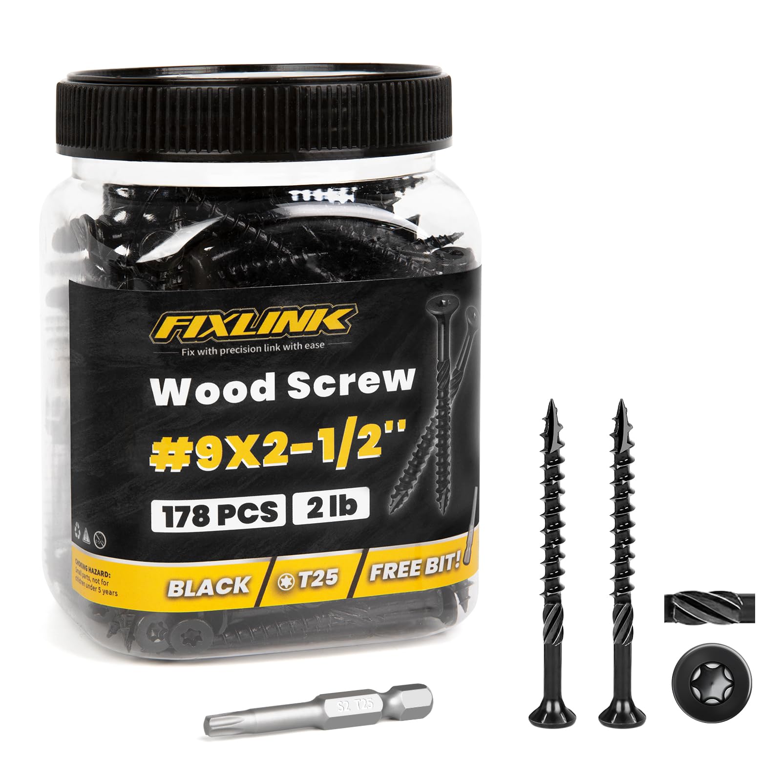Deck Screws 2-1/2 Inch, 178pcs FIXLINK Wood Screws #9 x 2-1/2", 2lb, Epoxy Coat, T25 Star Bit Above 1500 Hour Salt Spray Coating Outdoor Decking