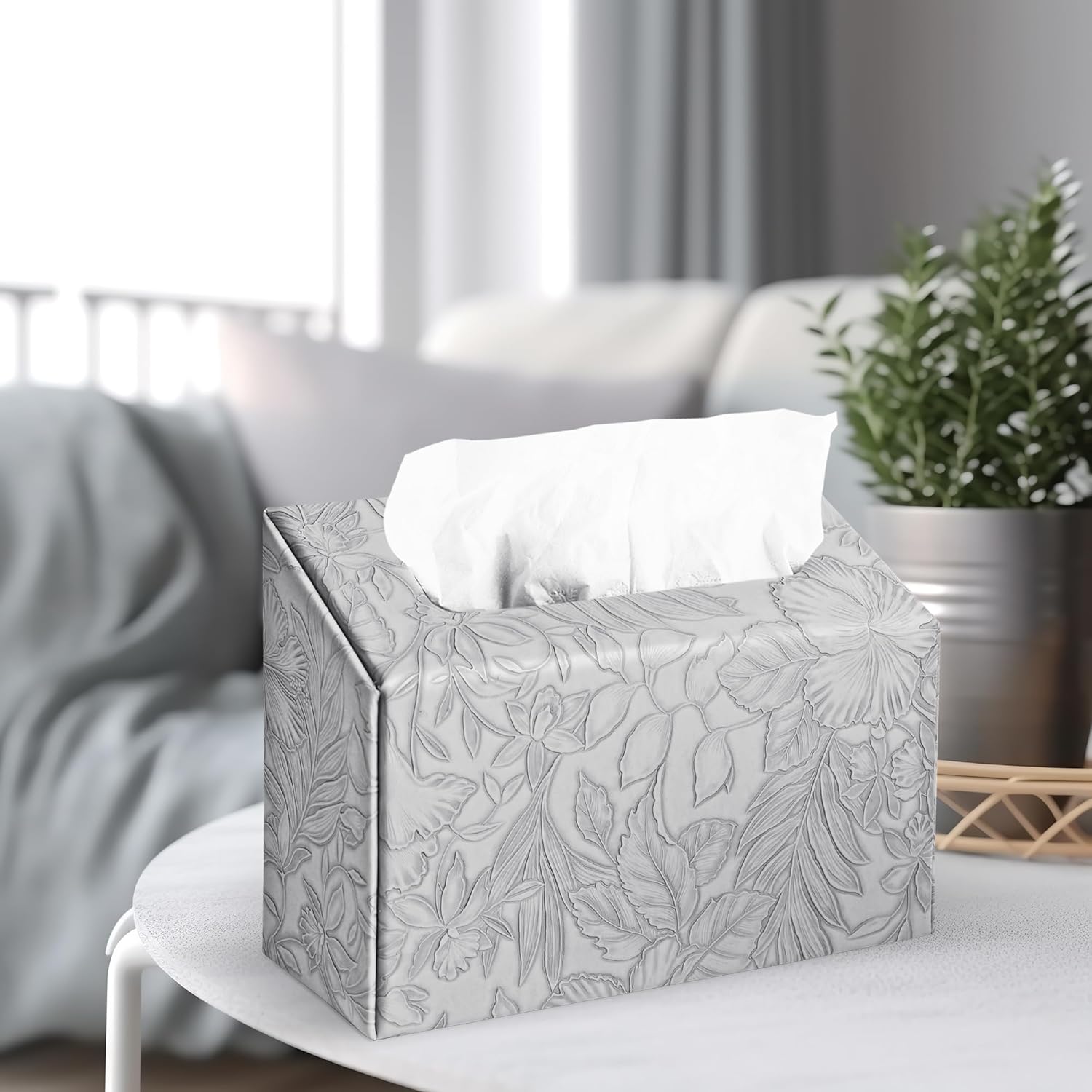 Hennaja Hand Towels Box Cover,PU Leather Tissue Box Cover Holder Compatible with Kleenex Disposable Paper Hand Towels Suitable for Dining,Kitchen,Bathroom(1-Carved Grey)