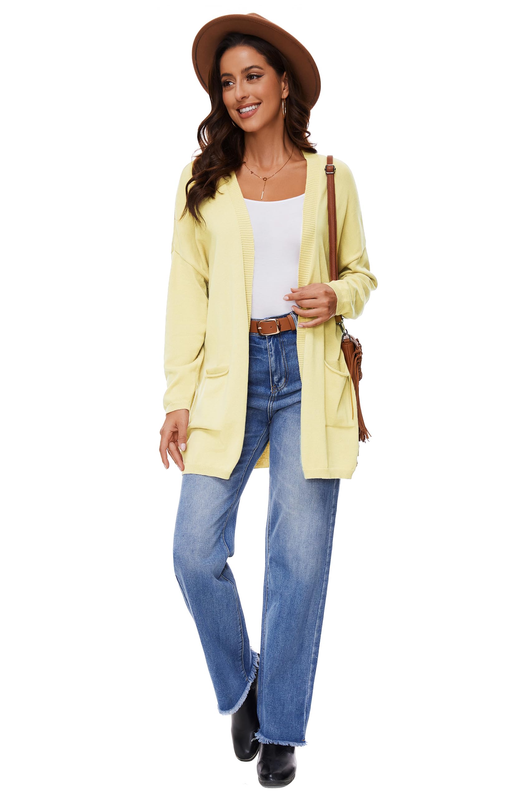 Cárdigan Abierto De Manga Larga 100% Algodón para Mujer con Bolsillos, Suéter Casual Suelto Y Ligero, Amarillo Claro, XXL