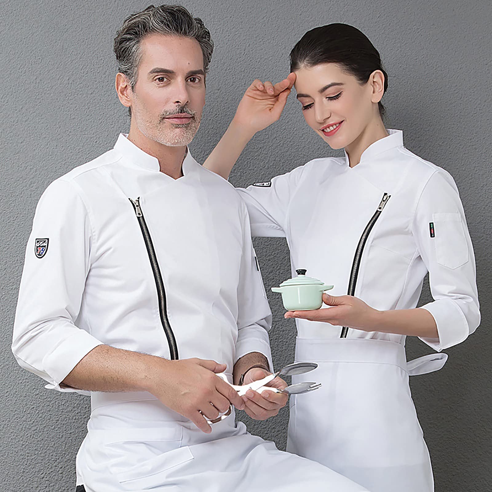 Giacca da Cuoco Unisex Cappotto Manica Corta Abbigliamento da Lavoro Ristorante Estivo Divisa da Lavoro Traspirante Cerniera Uniforme da Cuoco per Servizi di Ristorazione Cucina, Cucina, Bistrot, Bi