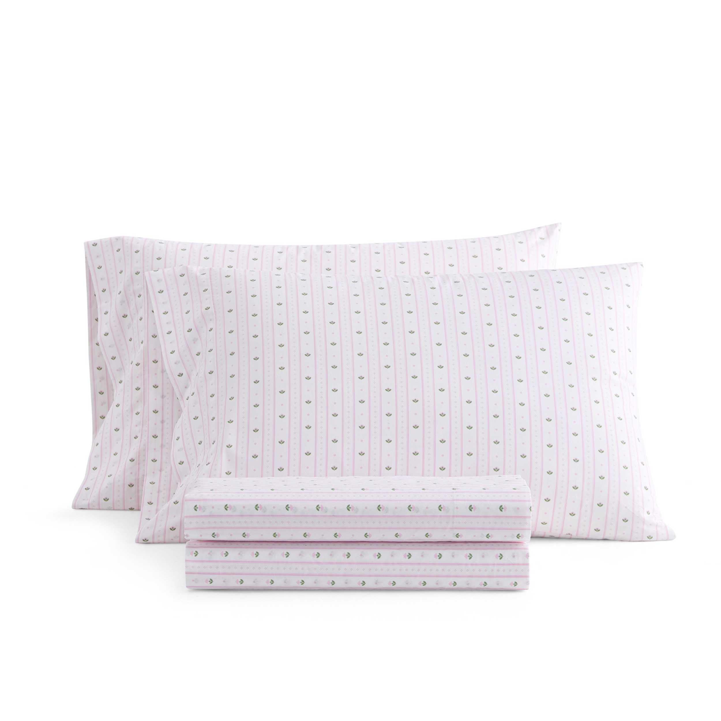 Martha Stewart - King Size Sheet Set, Crisp &amp; Tailored Sheets with a Smooth Cotton Percale Feel - Floral Bed Sheets with Matching Pillowcases &amp; Fitted Sheet (Floral Stripe Pink)