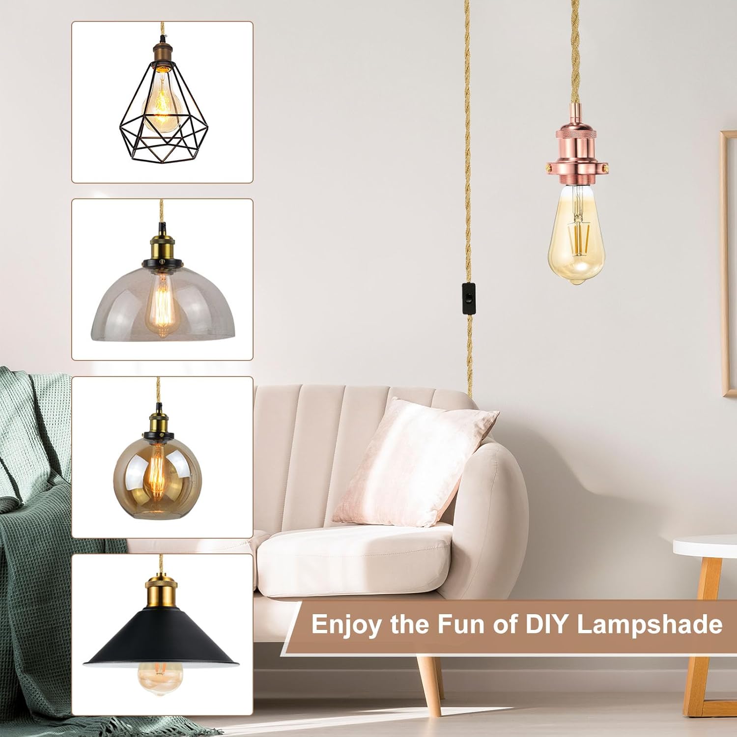PATIKIL 15.4Ft Pendant Light Cord Kit, Plug in E26 Socket Hanging Light with Switch Industrial Vintage Twisted Rope for Farmhouse Lamp Fixture DIY, Rose Gold