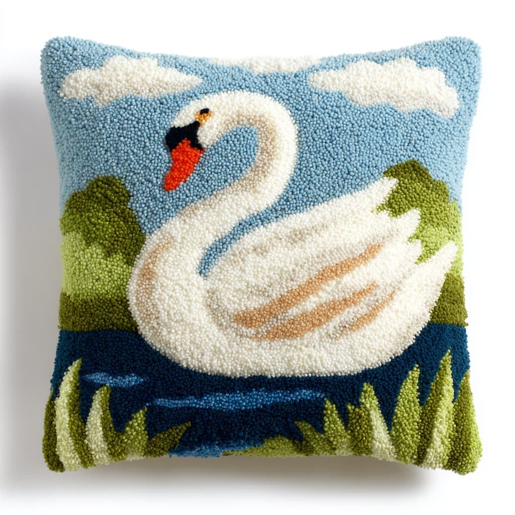 Taxpy Latch Hook Kit, White Swan Pillow Latch Hook Embroidery Kits DIY Crochet Yarn Pillowcase Sewing Making Kits Embroidery Kit 43x43cm