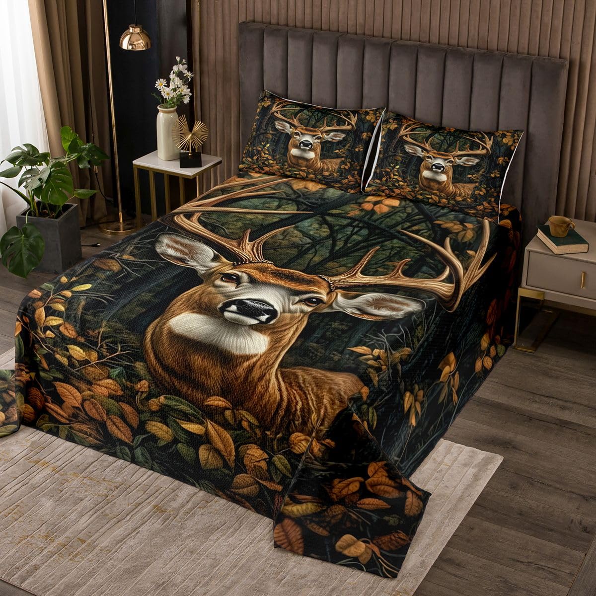 Homemissing Cervo Copriletto 260x240cm caccia pesca per ragazzi ragazze camuflaggio camuflaggio Trapuntato camera decorazione traspirante morbido leggero 3 pezzi