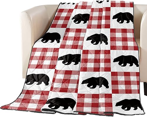 Manta de edredón de Navidad, tamaño king, diseño de oso ártico, a cuadros, ligera, alternativa al plumón, reversible, para sofá, 90 x 102 pulgadas