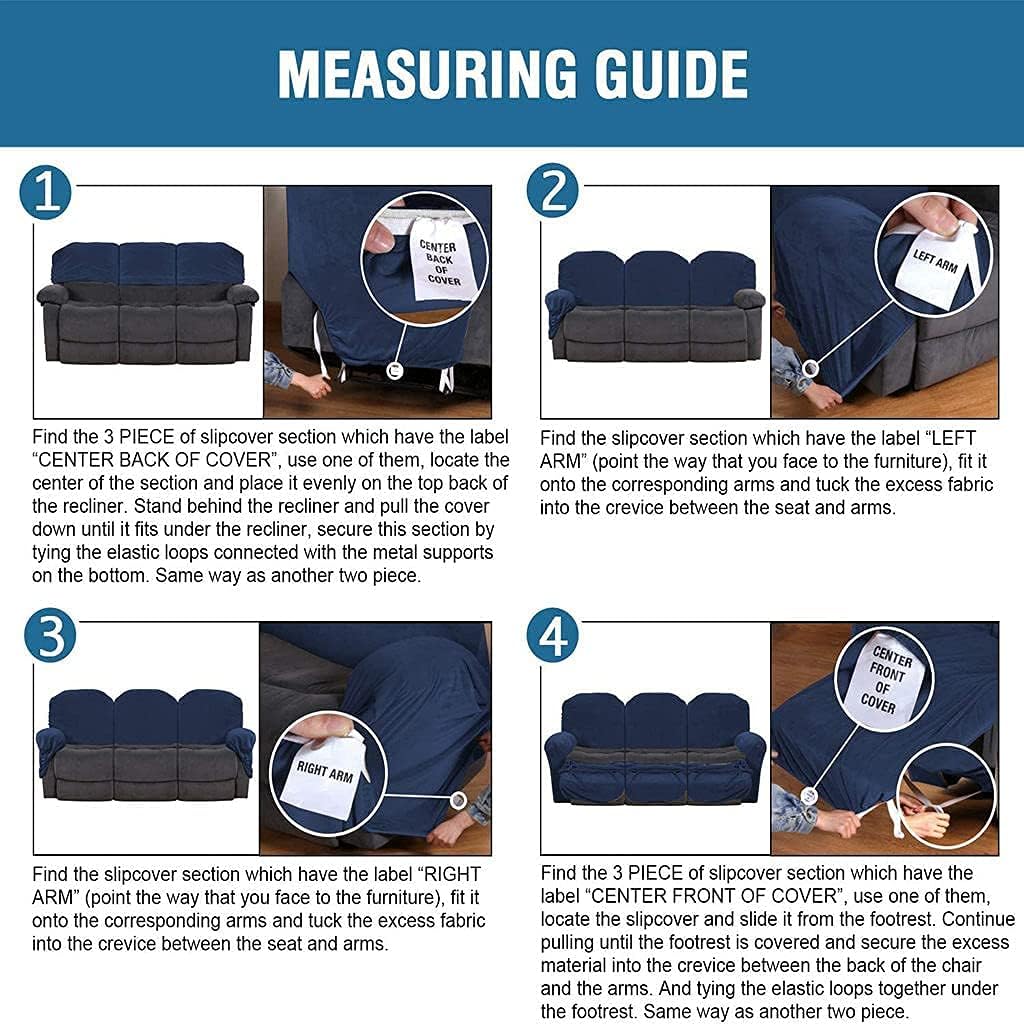 Soft Velvet Recliner Covers Stretch Recliner Chair Slipcover 3 seat Recliner Sofa Cover Non Slip Washable Reclining Couch Cover for Living Room (Color : Navy, Size : 3 Seater)