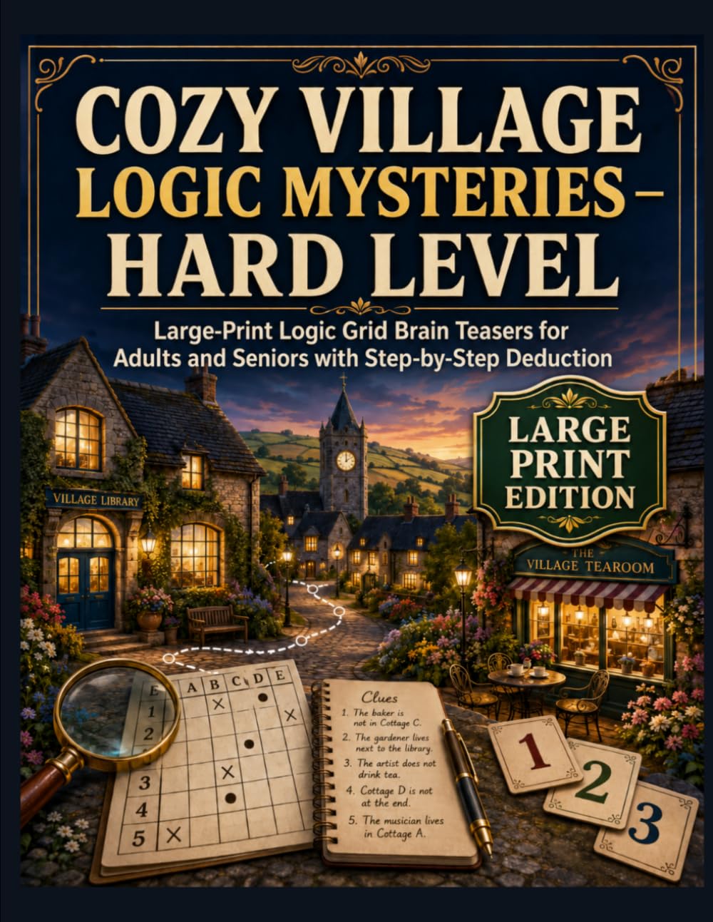 COZY VILLAGE LOGIC MYSTERIES – HARD LEVEL: Large-Print Logic Grid Brain Teasers for Adults and Seniors with Step-by-Step Deduction