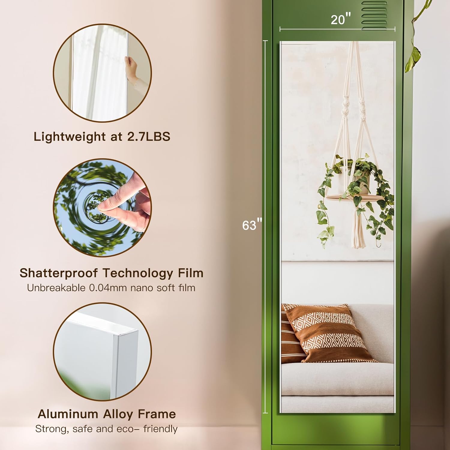 brisafe Magnetic No Drilling NanoMirror Non-Glass Wall Mirror, Ultra Lightweight, 63" x 20", Strong Adhesion for Refrigerators, Glass Walls, Wooden Doors, and More, White