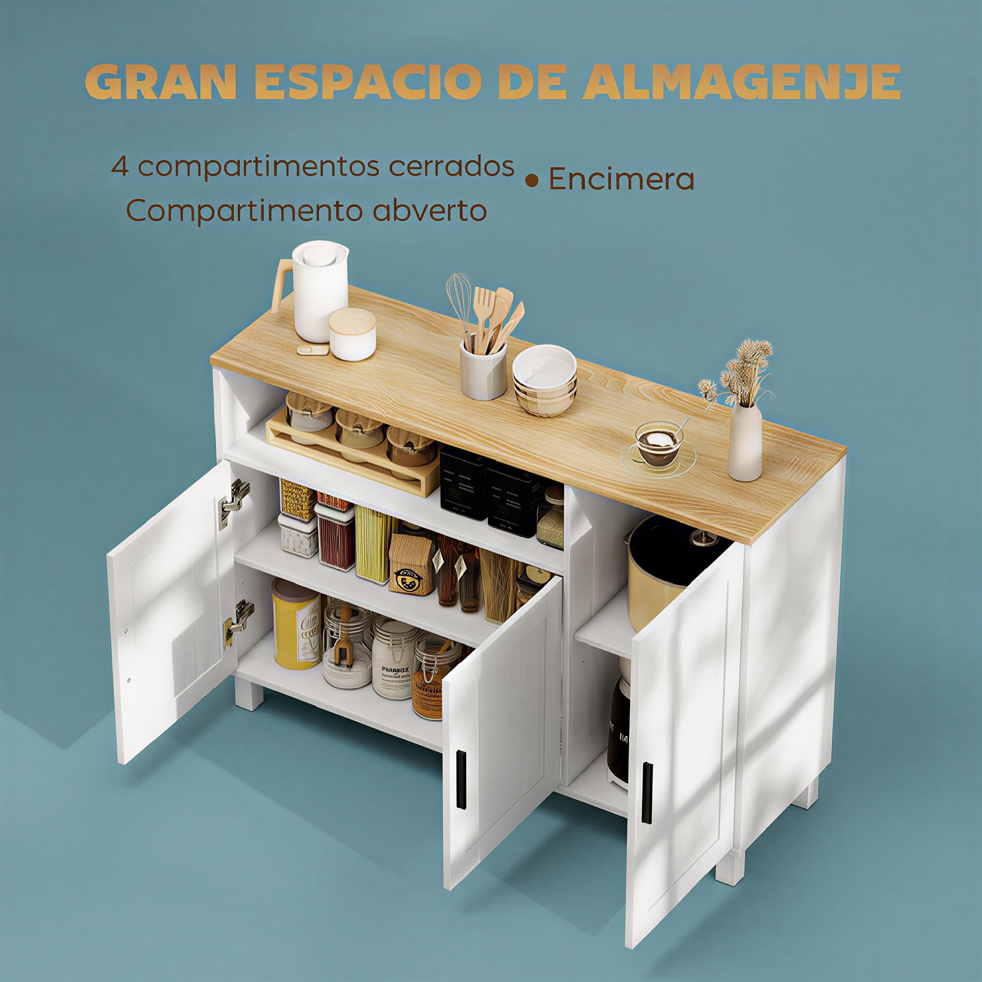 HOMCOM Aparador de 3 Puertas de Cierre Suave, Aparador de Salón con Estantes Ajustables, Compartimento Abierto, Patas de Madera, para Cocina, Entrada, Dormitorio, Blanco, 110x33x75 cm