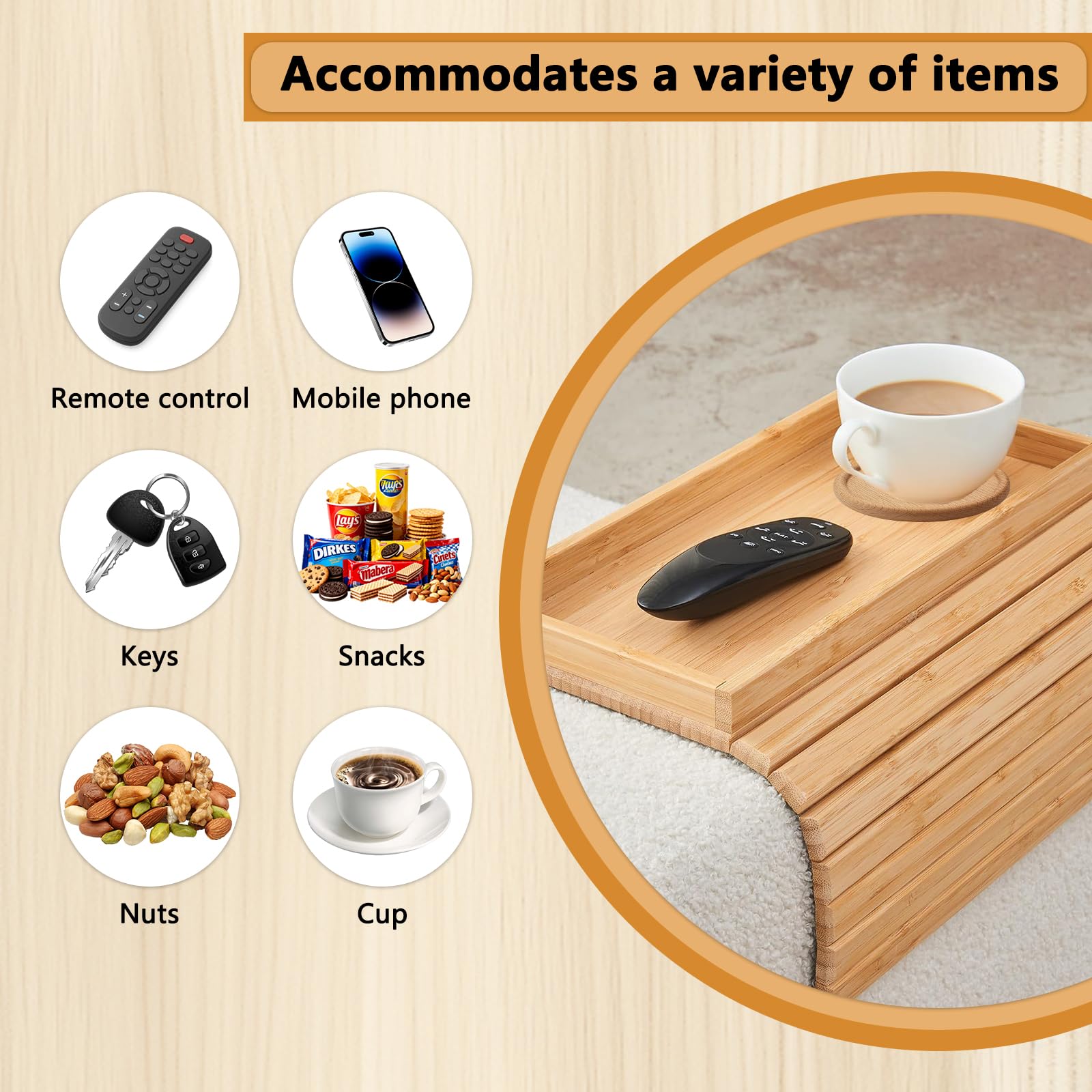 Vassoio per bracciolo in legno massiccio, tavolino salvaspazio per snack e bevande, scanalature antiscivolo, include 1 sottobicchiere in legno, organizer per bracciolo del divano