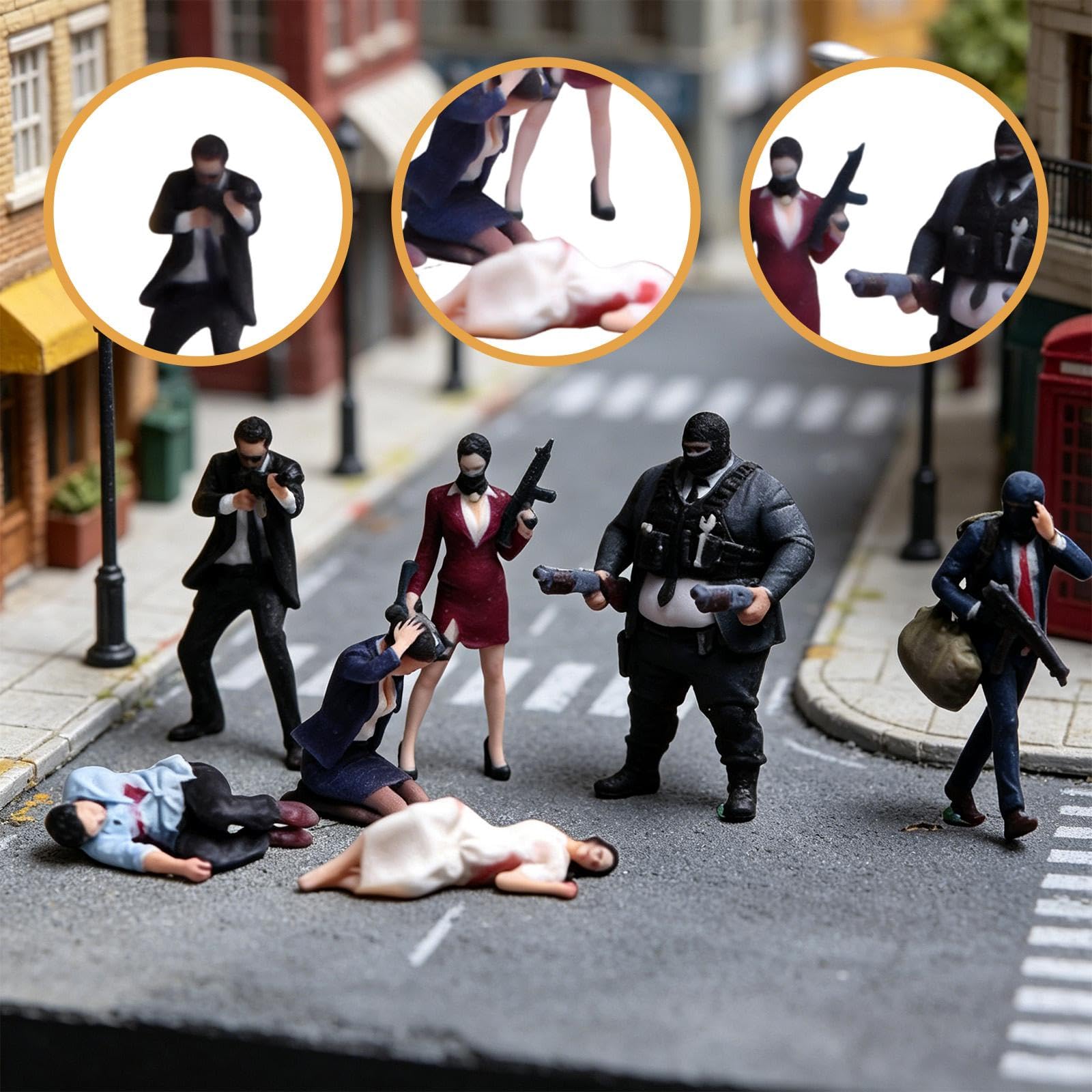 Figure di Rapinatori Dipinte a Mano, Auto da Collezione, Piccolo Diorama da Interni