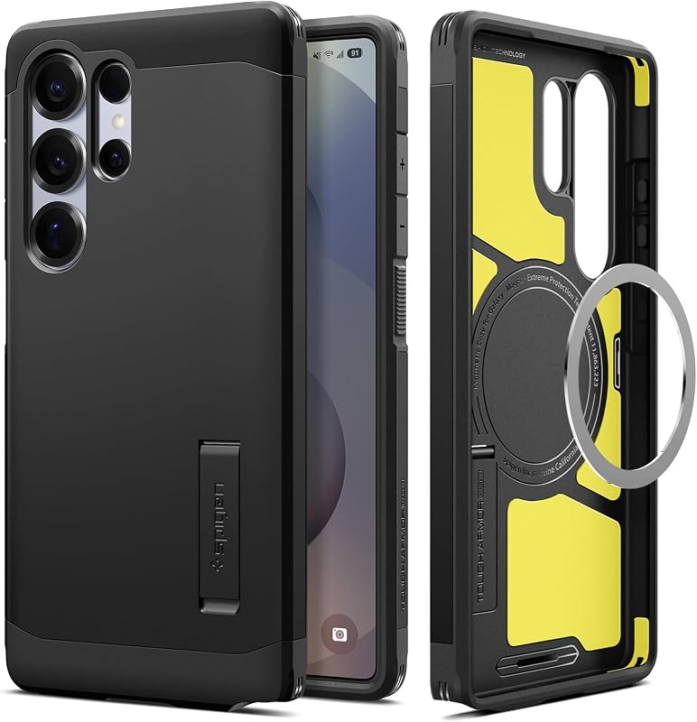 Funda Spigen para Galaxy S25 Ultra, armadura resistente MagFit [Kickstand] [Compatible con MagSafe] [Protección de grado militar] - Negro