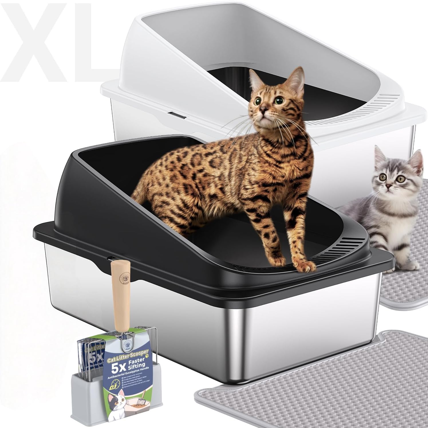 2 Pack Stainless Steel Cat Litter Box with High Sides Lid, XL Extra Large Metal Litter Box for Large Kitty and Multi-Cats, Anti-Urine Leakage, Non-Sticky, Include Scoop and Mat (Black＆White)