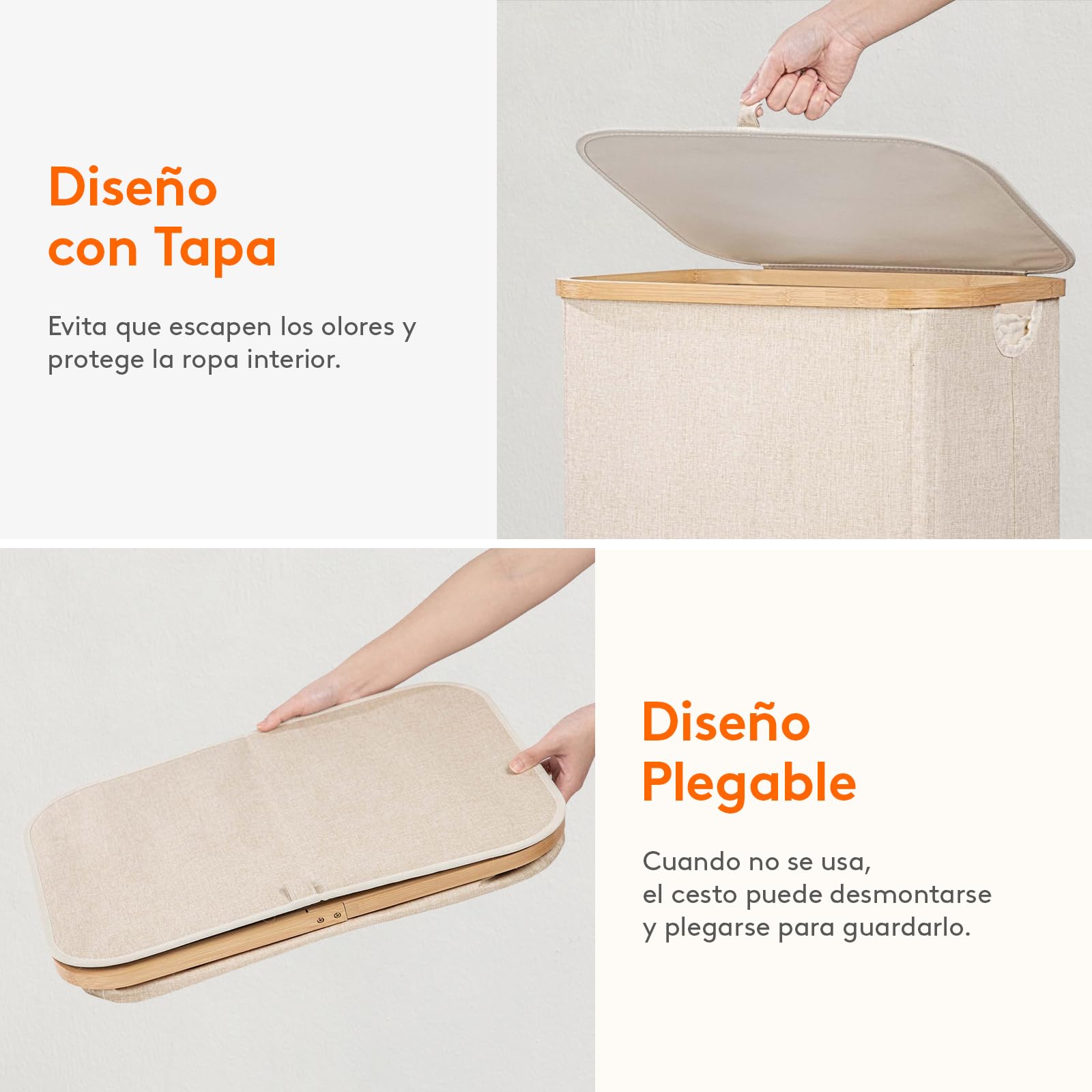 Lifewit Cesto para la Ropa Sucia 100L con Tapa, Cesta de Bambú Plegable con Bolsa Extraíble, Beige