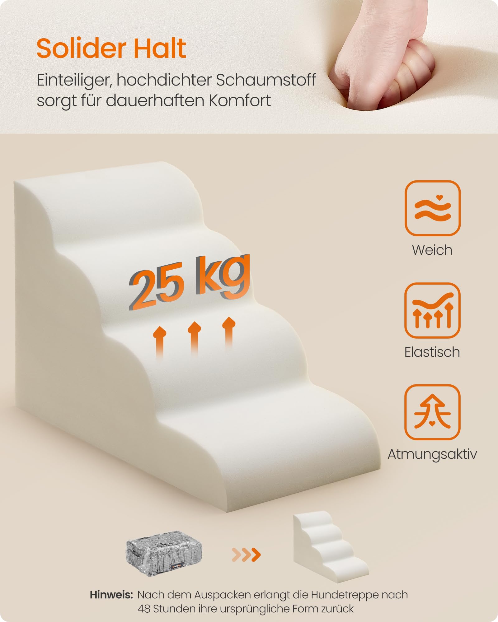 Feandrea Hundetreppe, 4 Stufen, Waffelcord, Haustiertreppe, für Bett, Sofa, wasserdicht, rutschfest, geringe Neigung, Abnehmbarer waschbarer Bezug, Griff, Taubengrau PPS014GD01