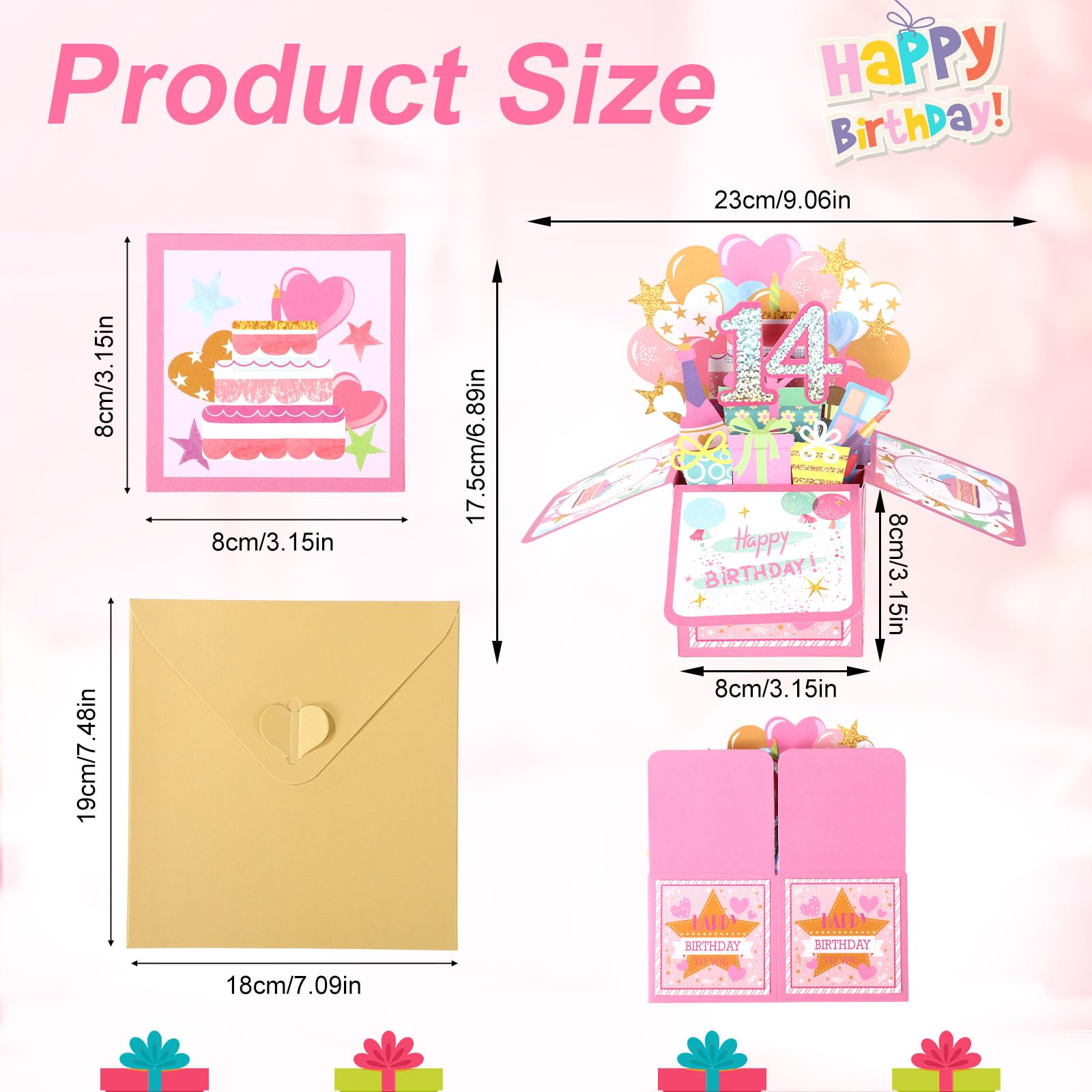 Biglietto Pop-up 3D Lucido 14th Happy Birthday con Busta, Cartolina Compleanno per Ragazza
