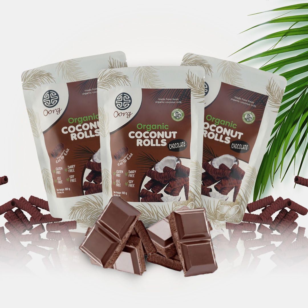 'OORG Organic Coconut Rolls, 100g x 6 Packs, Made in Sri Lanka | Vegan, Gluten-Free, Non-GMO, Vegetarian, Dairy Free Vanilla, BBQ, Ginger & Cinnamon, Original, Sour Cream & Onion (Chocolate)
