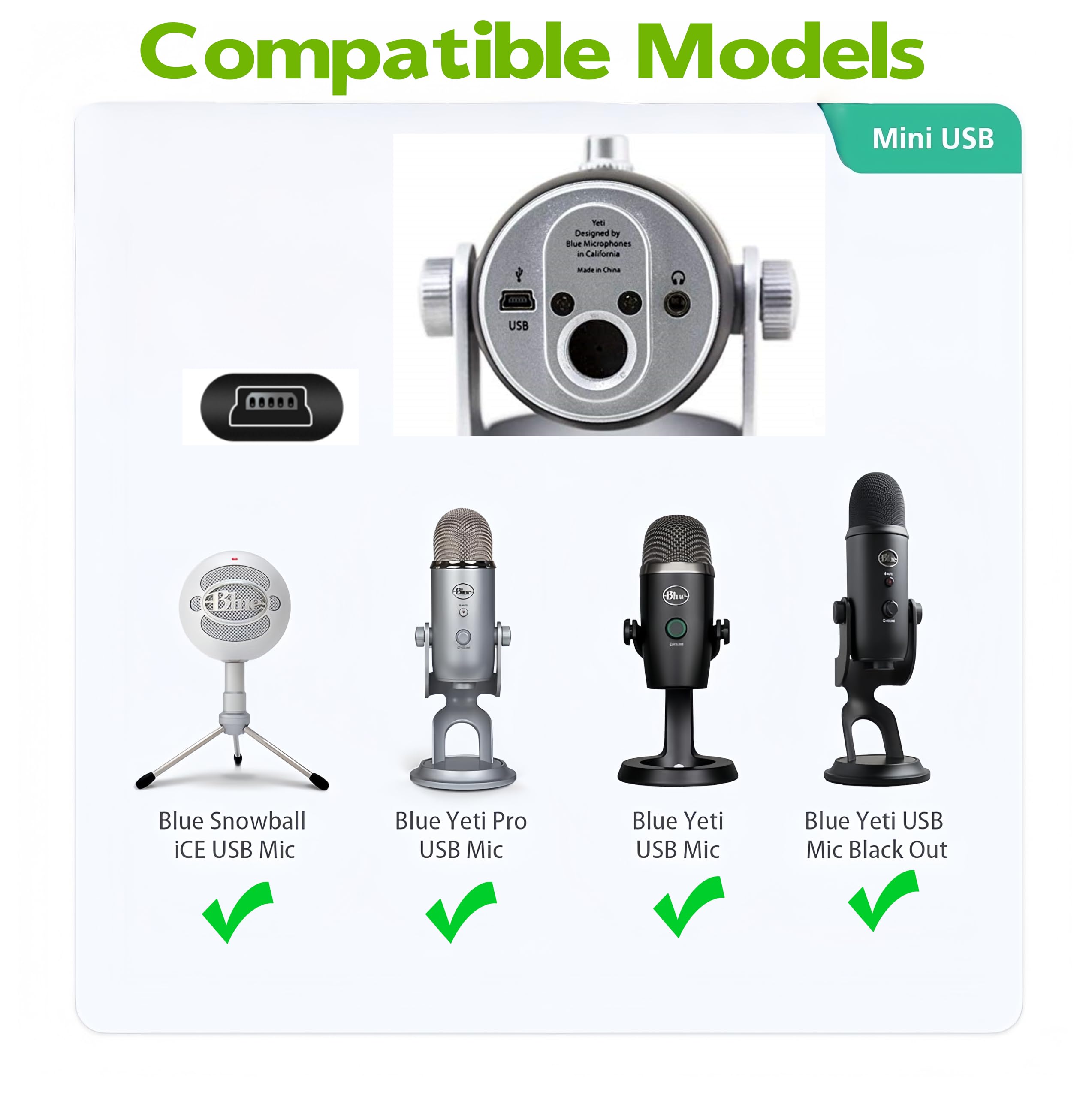 Toxaoii Mini kabel USB, kabel mikrofonowy, kabel do ładowania, kompatybilny z mikrofonami Blue Yeti Recording MIC, Blue Snowball iCE USB Mic Wire (3 m)