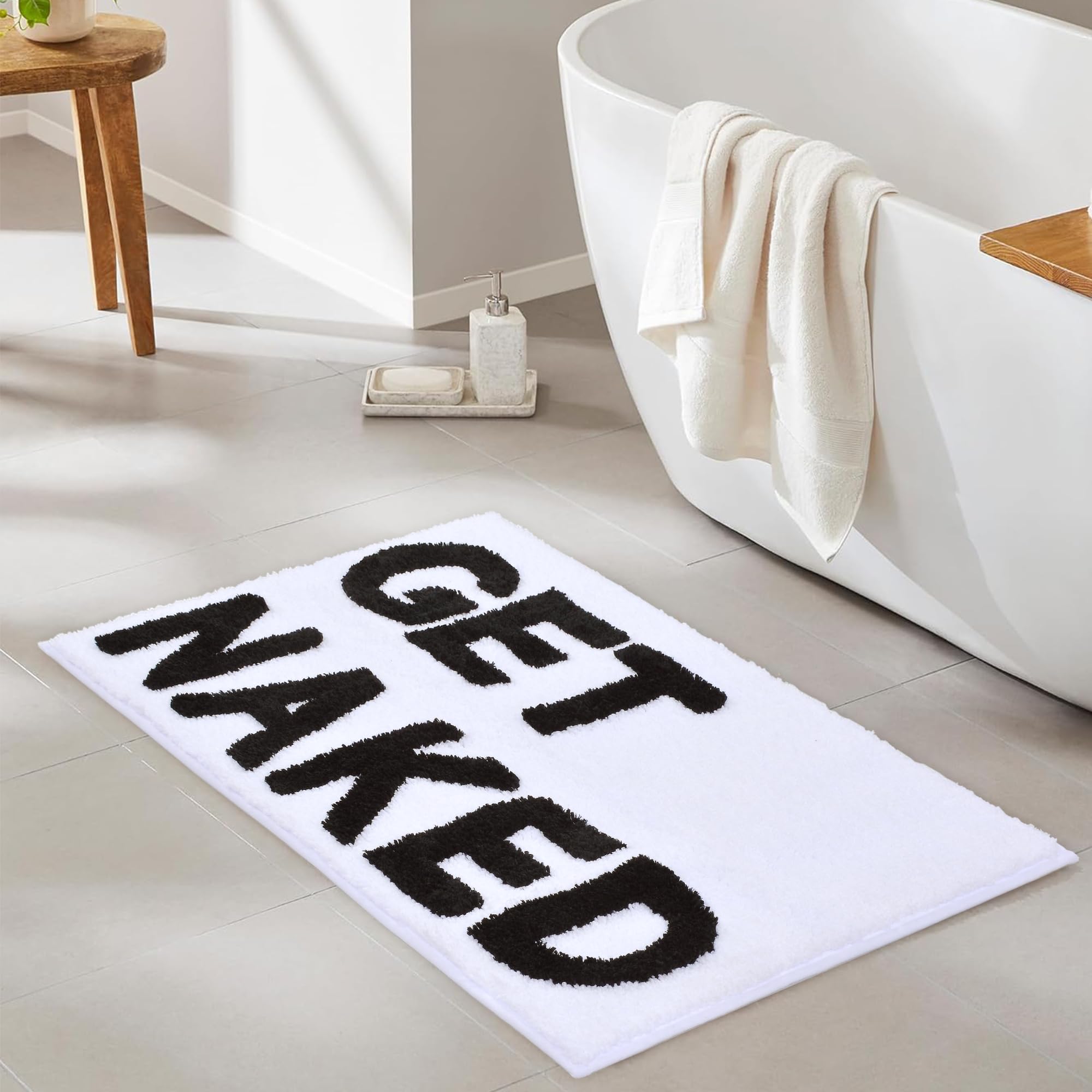 Zeeinx Get Naked – Tapis de Salle de Bain Mignon et Amusant pour décoration de Salle de Bain d'appartement, Blanc, Lavable en Machine, 45,7 x 119,4 cm