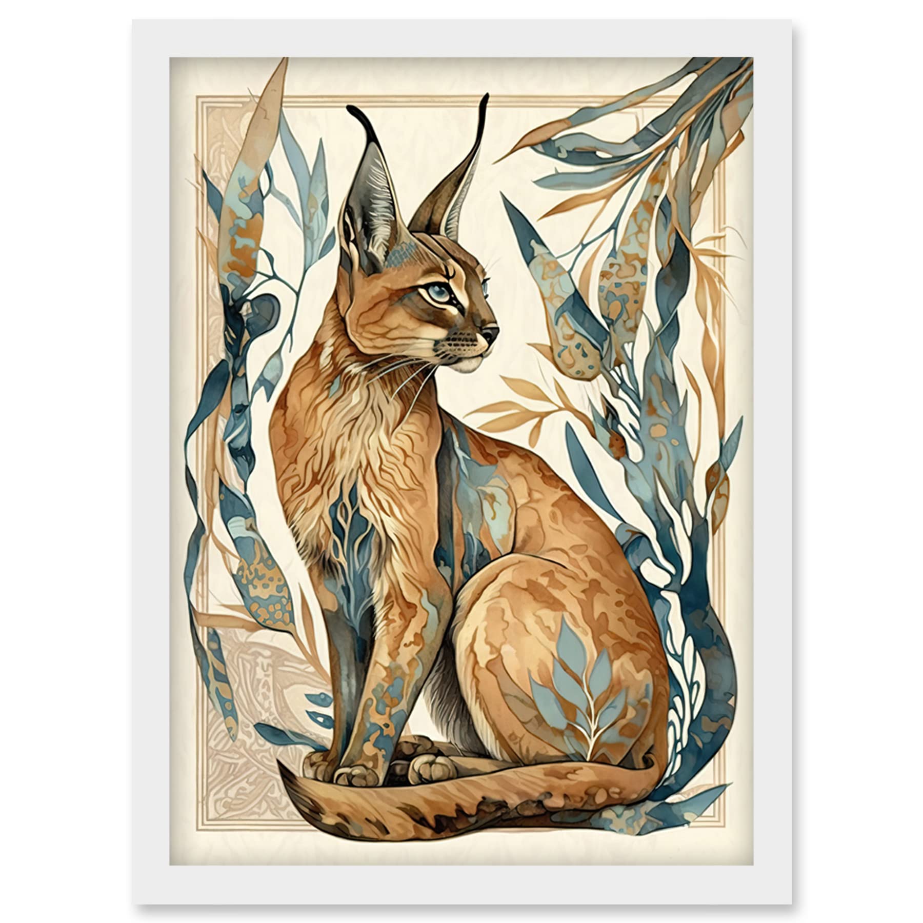 Artery8 Caracal Cat with Teal Plants Modern Art Nouveau Watercolour Illustration Artwork Framed Wall Art Print A4