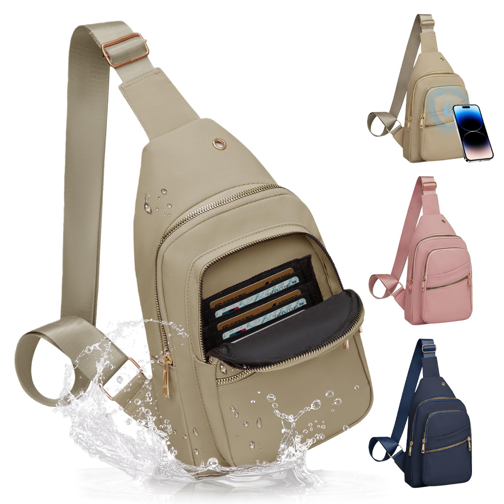 Small RFID Waterproof Sling Bag Travel Crossbody Bags for Women Men, Hands Free Lightweight Sling Backpack Chest Pack Daypack for Outdoors Hiking Traveling Fitness Commuting Cycling Khaki