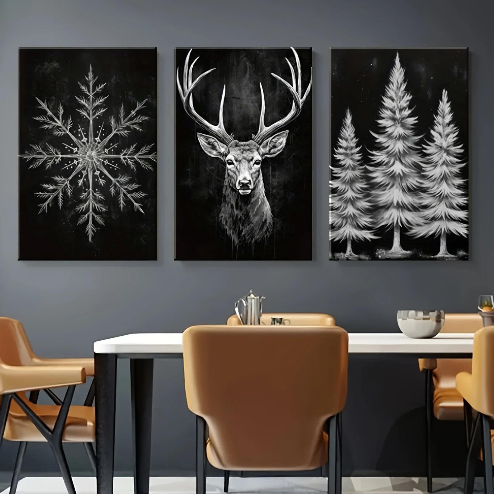 Yocheng 3pcs Farmhouse Christmas Canvas Art Print -Snowy Deer & Pine Tree Design, Black & White Wall Decor 60x80cmx3 No Frame