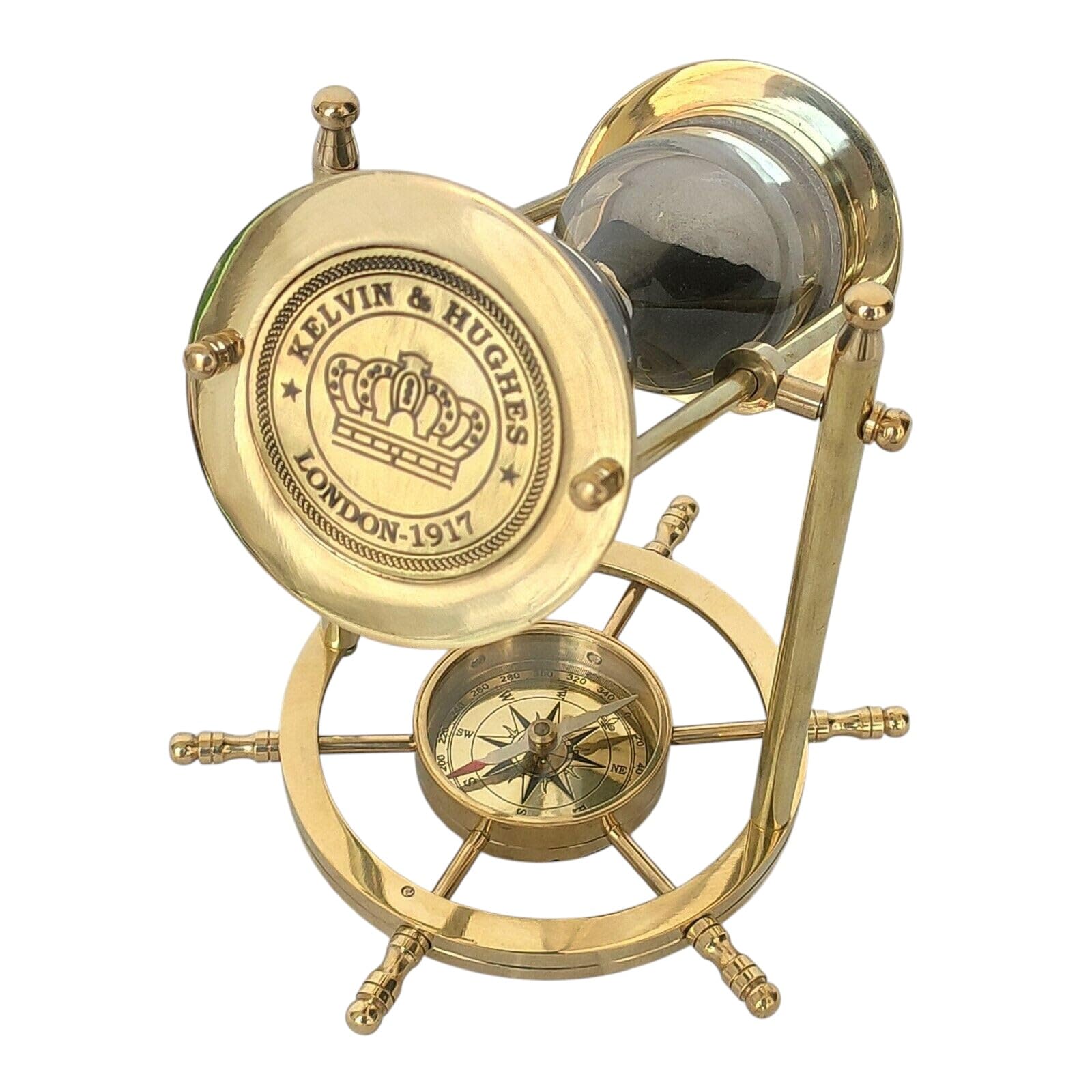 Antique Brass Nautical Sand Timer with Compass, Vintage Marine Hourglass, Executive Desk Decor Collectible