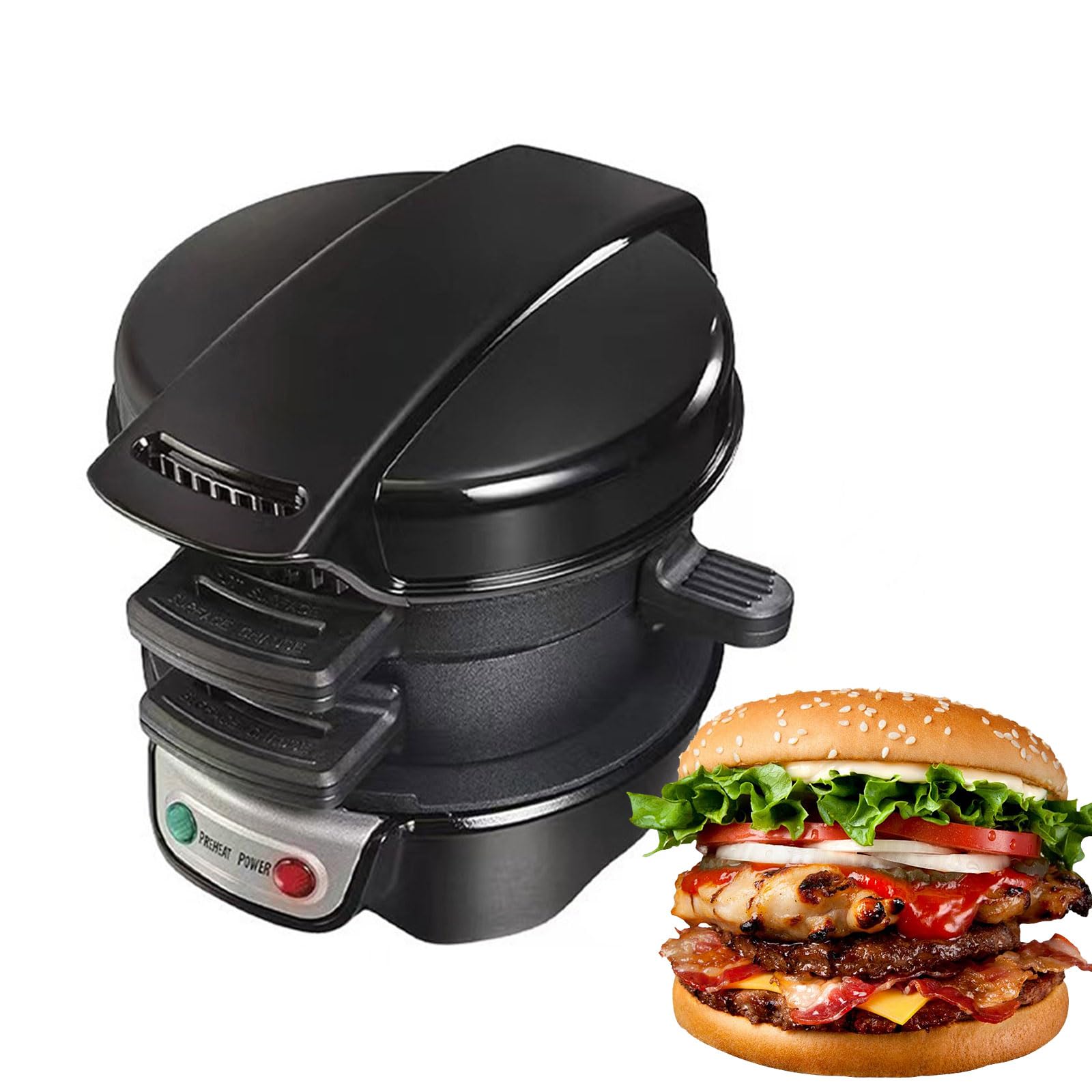 AIZYR Mini Grill Burger Maker Machine Breakfast Sandwich Maker with Egg Cooker Ring, Burger Press Patty Maker for Making Breakfast Lunch,Black