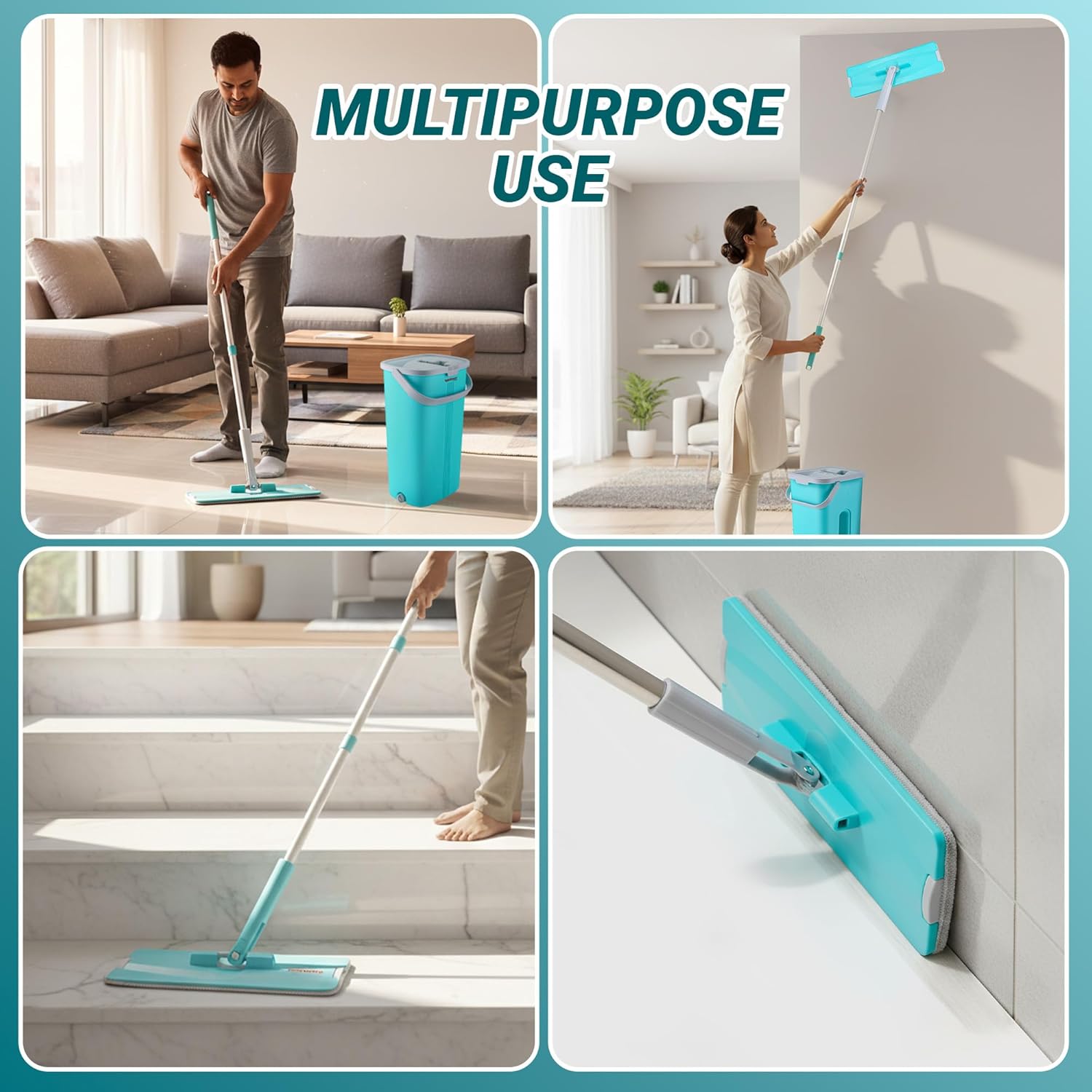 Spotzero by Milton Flat Mop and Bucket with Wringer Set, 5L – 360° Spin Mop for Floor and Wall Cleaning, Adjustable Handle, Easy Wring System, Includes 2 Reusable Microfiber Pads