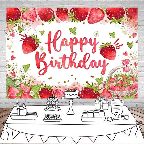 Miniatura 9 de Mocsicka Telón de fondo de cumpleaños de fresa para decoración de fiesta de cumpleaños de niña de fresa, fondo de fotografía de cumpleaños de dulce