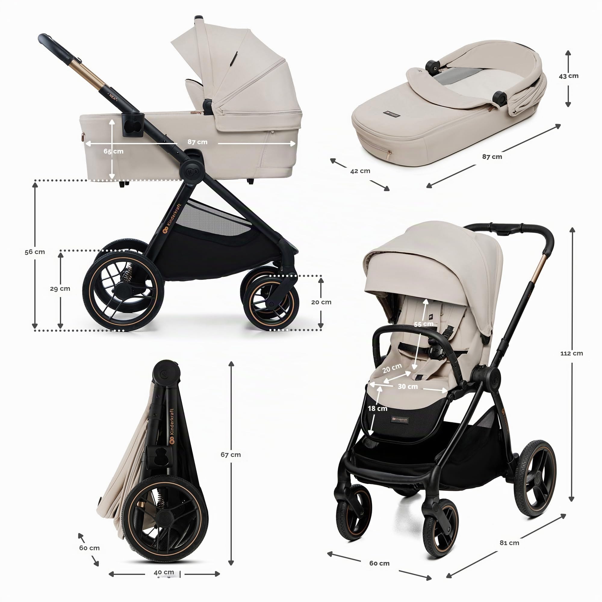 Kinderkraft NEA 2 Kinderkraft buggy von Geburt bis 22 kg, Zusammenklappen mit einer Hand, Liegeposition, großes Verdeck, alle 4 Räder gedämpft, extrem leicht, UPF50+, Korb bis zu 5 kg, Beige