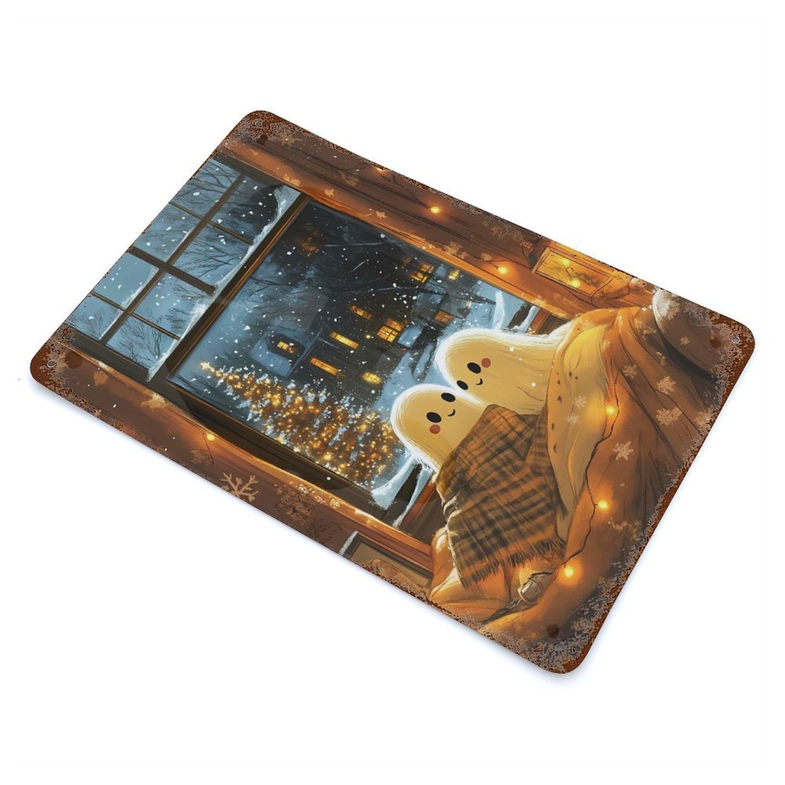 Rust Effect Ghost Couple on Christmas Distressed Metal Wall Sign 11.8"x7.9", Decorative Metal Wall Art for Living Room, Hallway And Home Decor