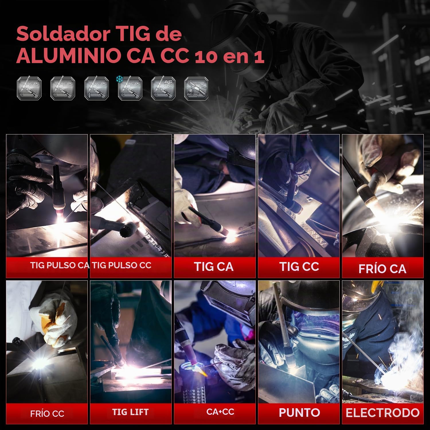 ANDELI 10 en 1 Soldador TIG de Aluminio AC/DC, Pedal de Pie, 205A, LCD, Ondas de Pulso/Cuadrada/Seno/Trapesoidal, Soldadura Fría/Punto, 230V, TIG-205 PRO
