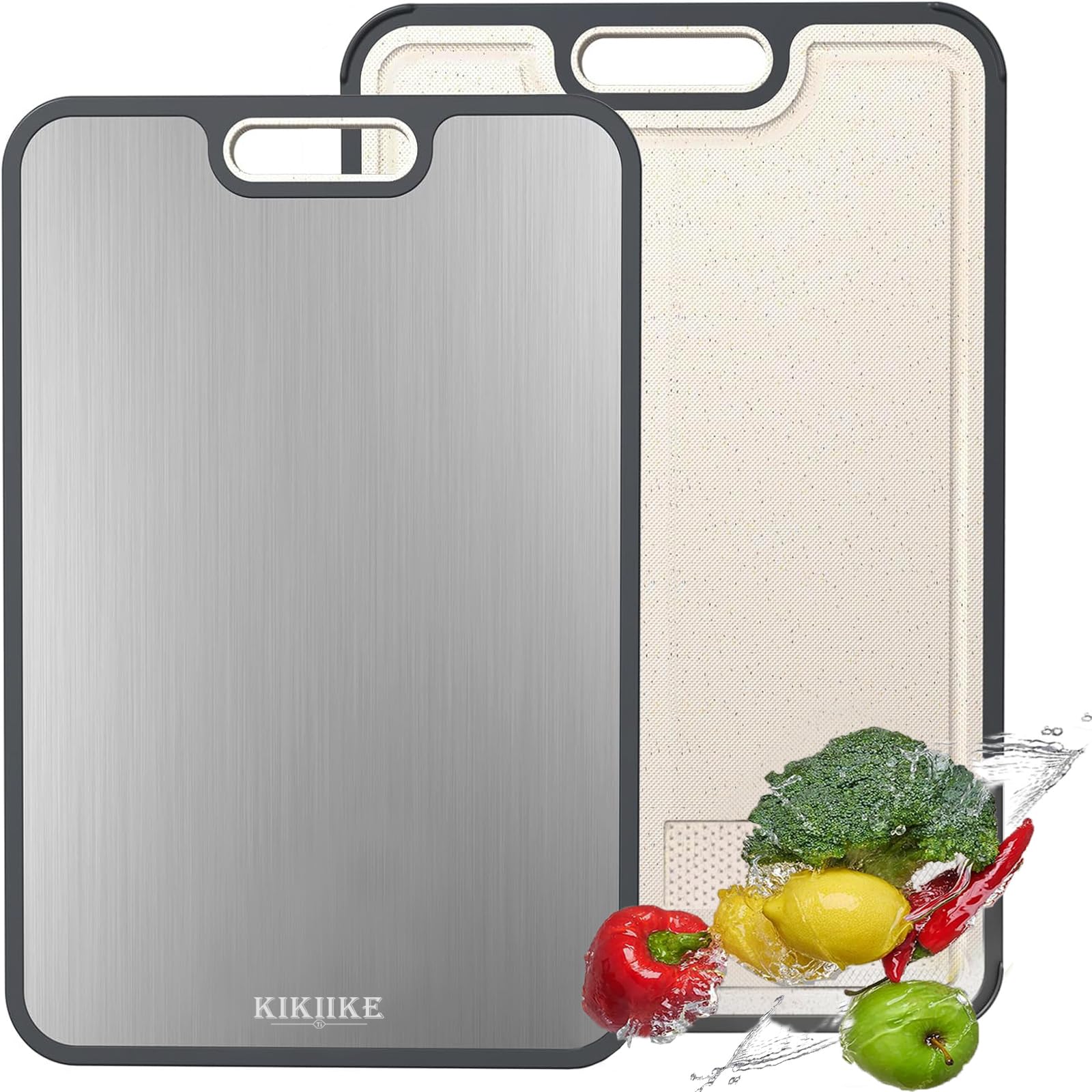 Titanium Cutting Board Double Sided Pure Titaniums Cutting Boards for Kitchen, Pure Titanium & Wheat Straw PP Food Grade Metal Cutting Board, Non-Slip Durable and Easy to Clean (Large)
