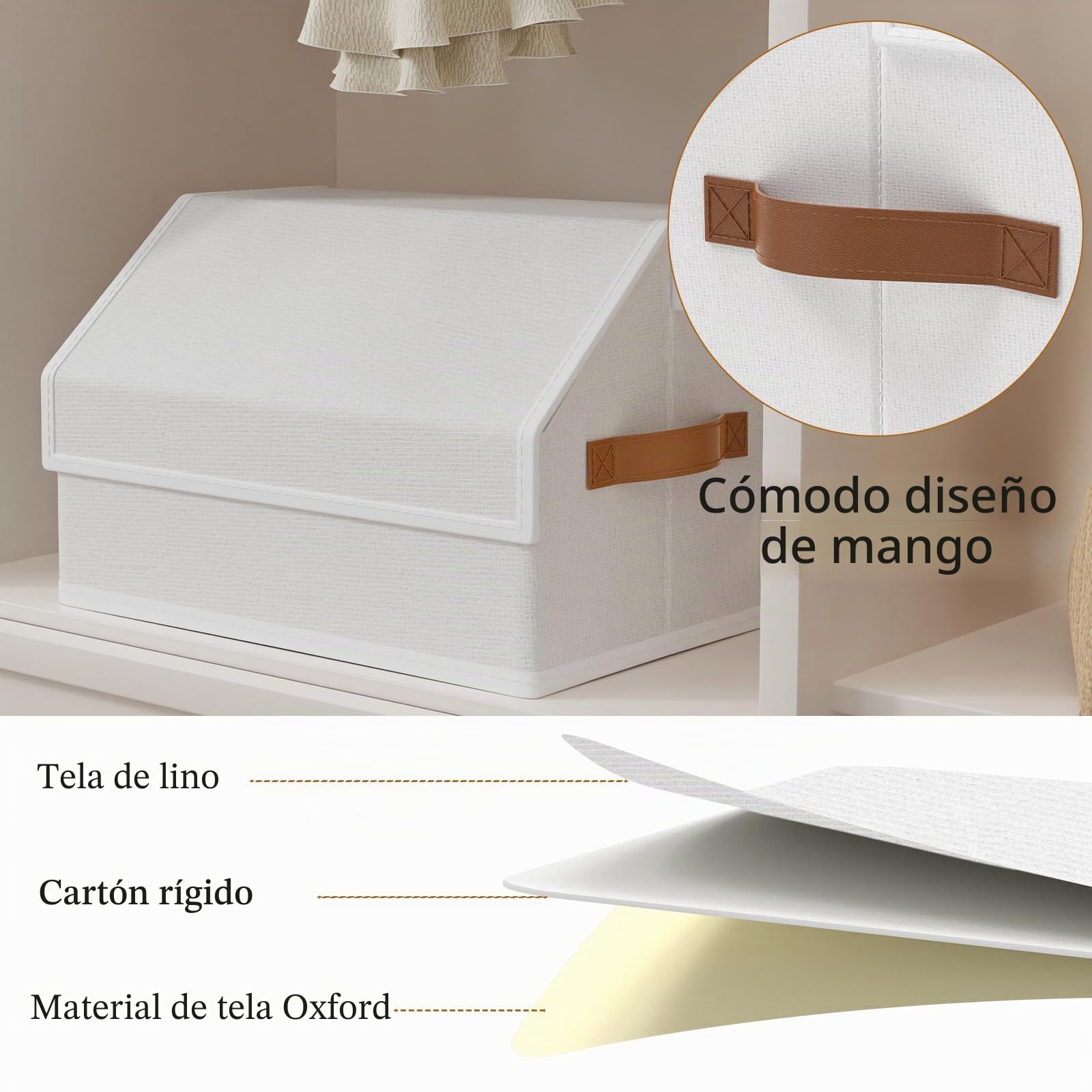 OUTBROS Cajas Almacenaje, Cesta Almacenamiento Tela con Mango, 38x25x25 cm Caixas Plegable, Organizador de Contenedores de Ropa y Libros, Blanco, 3 pieza
