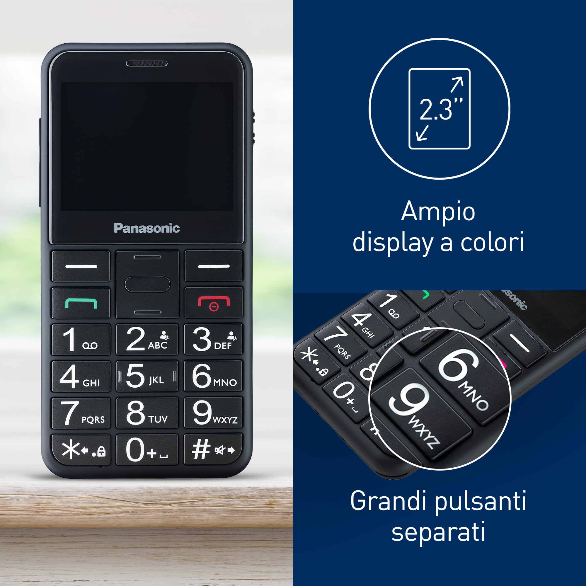 Panasonic KX-TU155EXBN Cellulare per Anziani, Pulsante SOS, Pulsanti Grandi, Compatibile Apparecchi Acustici, Bluetooth, Radio FM, Fotocamera, Base di Ricarica, Nero