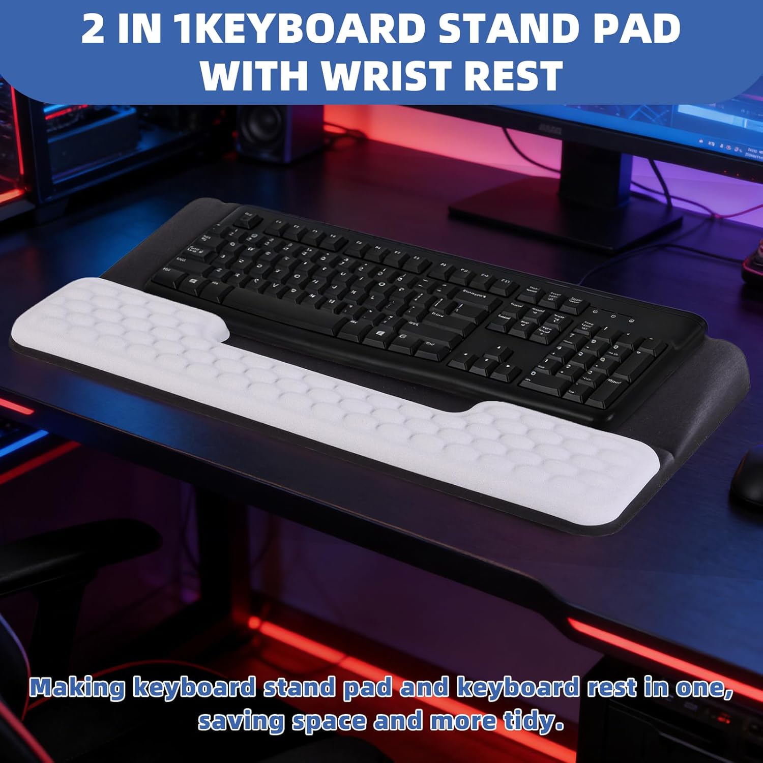 Keyboard Stand with Wrist Rest，Ergonomic Wrist Pad Memory Foam Keyboard Riser Holder Tray with Non-Slip Base, Pain Relief for Work Study Game (Black and White)