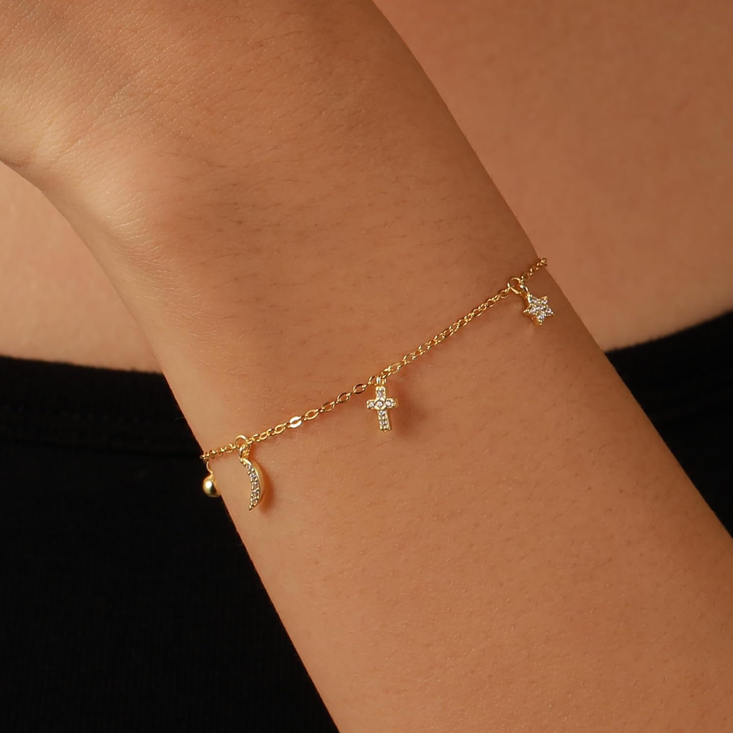 SUYACS 925 Sterling Silver Star Moon Cross Bracelets for Women Dainty 14K Gold Plated CZ Crescent Link Bracelet Christian Religious Friendship Charm Chain Jewelry Birthday Gifts to Daughter - Image 2