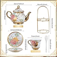 Vista 2 de Zhehao 20 Pcs Porcelain Tea Set with Metal Holder and Spoon Adult Ceramic Tea Set European Flower Painting Teapot Cup Saucer Spoon for Women, Large