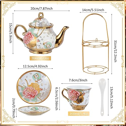 Vista 2 de Zhehao 20 Pcs Porcelain Tea Set with Metal Holder and Spoon Adult Ceramic Tea Set European Flower Painting Teapot Cup Saucer Spoon for Women, Large