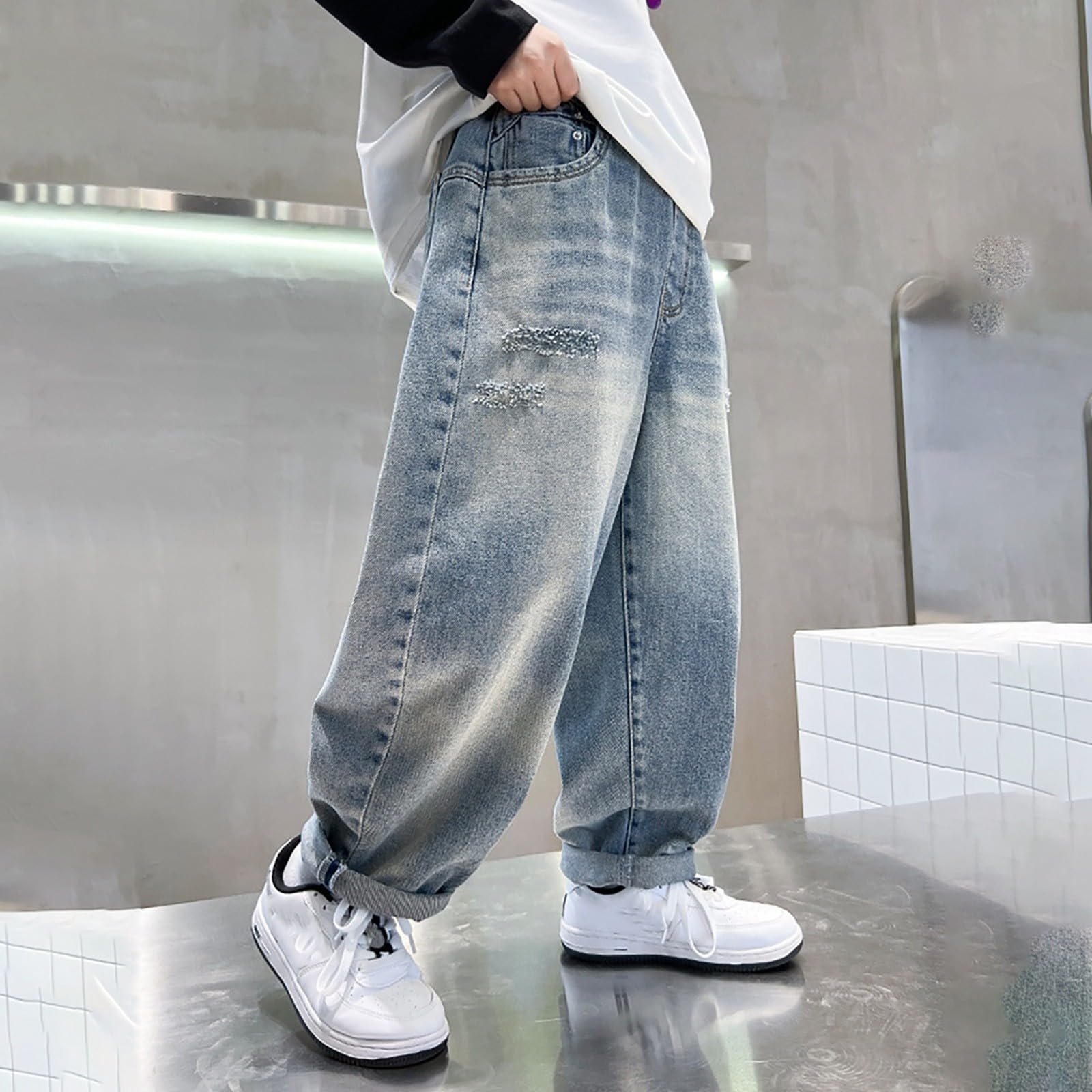 Vaqueros para Niño, Pantalones Vaqueros de Verano Diseño Holgado y Recto para Niños con Múltiples Bolsillos Estilo Urbano Cómodo