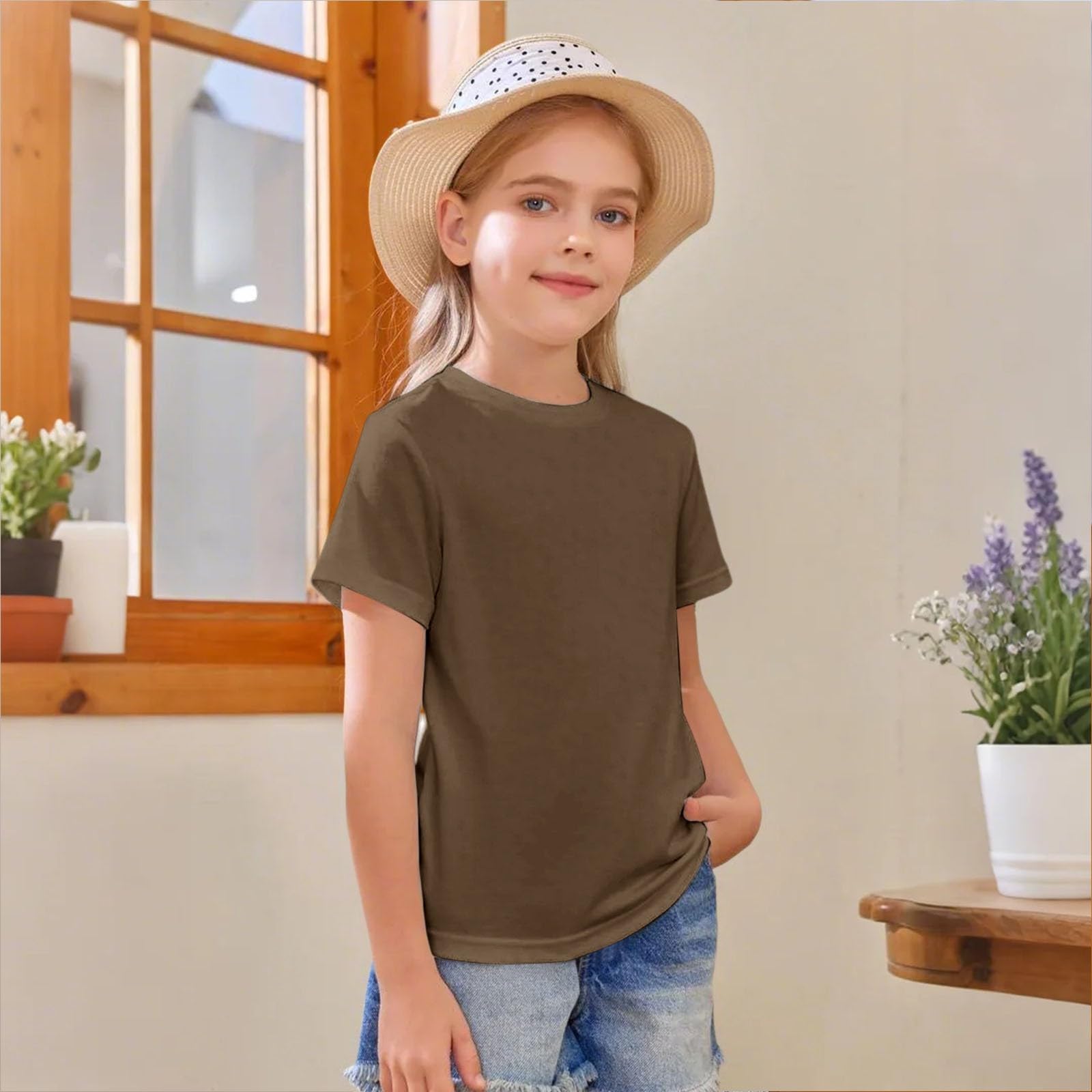 Camiseta de algodón manga corta cuello redondo para niñas básica ligera