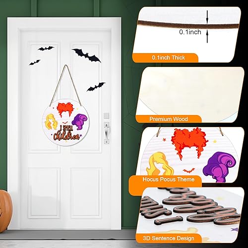 Miniatura 3 de Jouierty 2 letreros de madera para colgar en la puerta de Halloween, con texto en inglés "I Smell Children", para porche, brujas, hermanas, puerta
