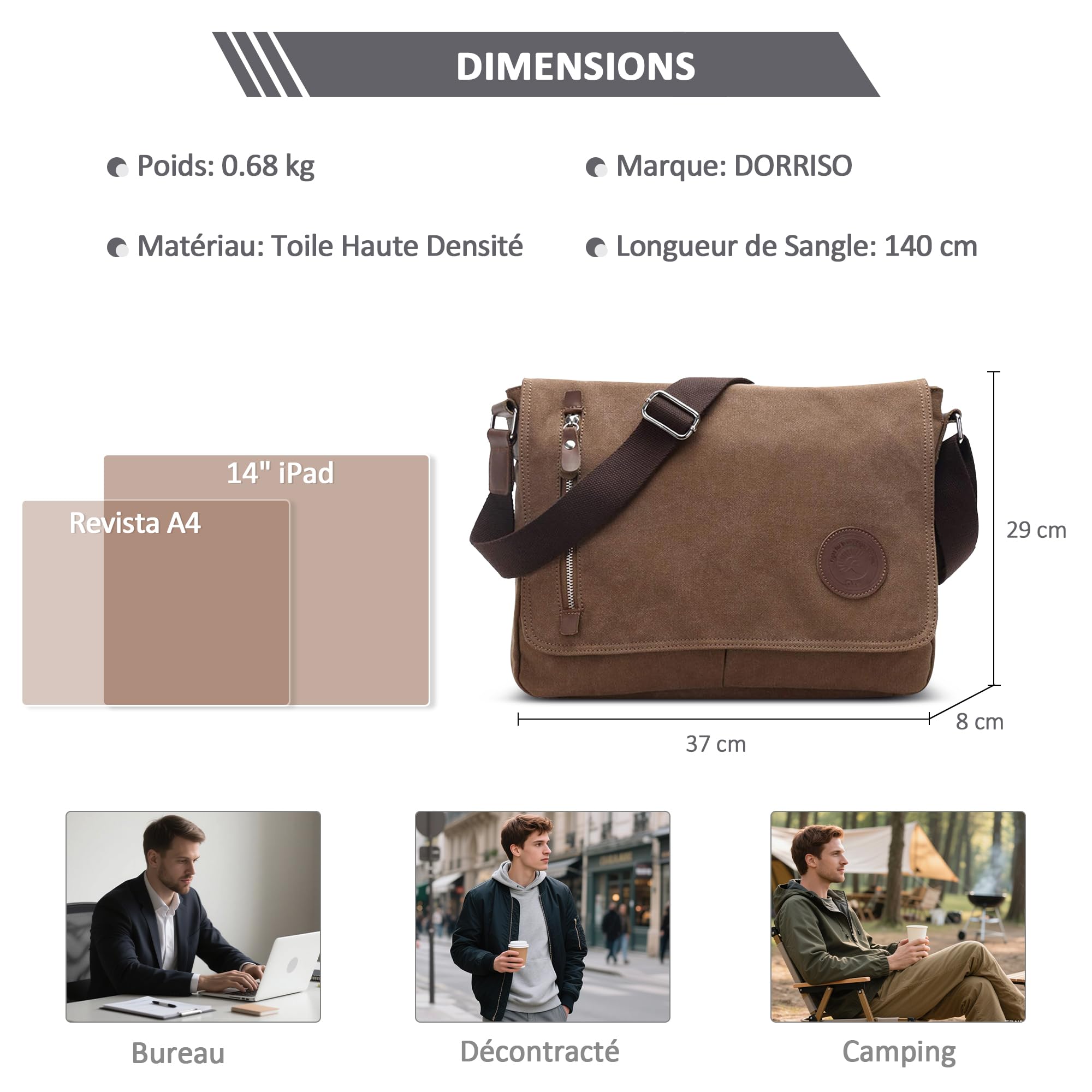 Sacs Bandoulière Anti-vol pour Homme, Sac Messager Toile, Sacoche PC Portable 14 Pouces Brun
