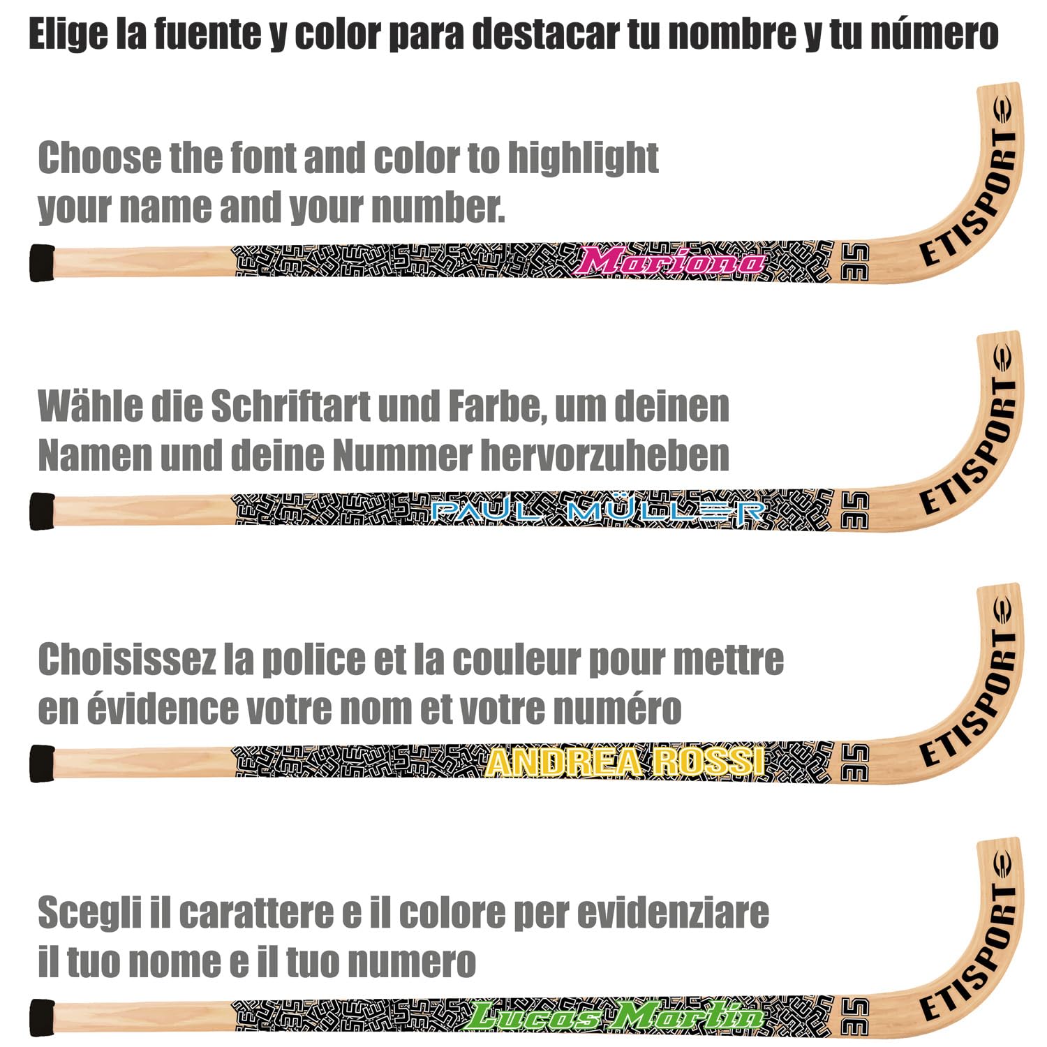 Crosse de Rink Hockey Numbers personnalisé avec Votre nom en Couleur et Votre numéro. Qualité Professionnelle laminée avec Fibre extérieure.