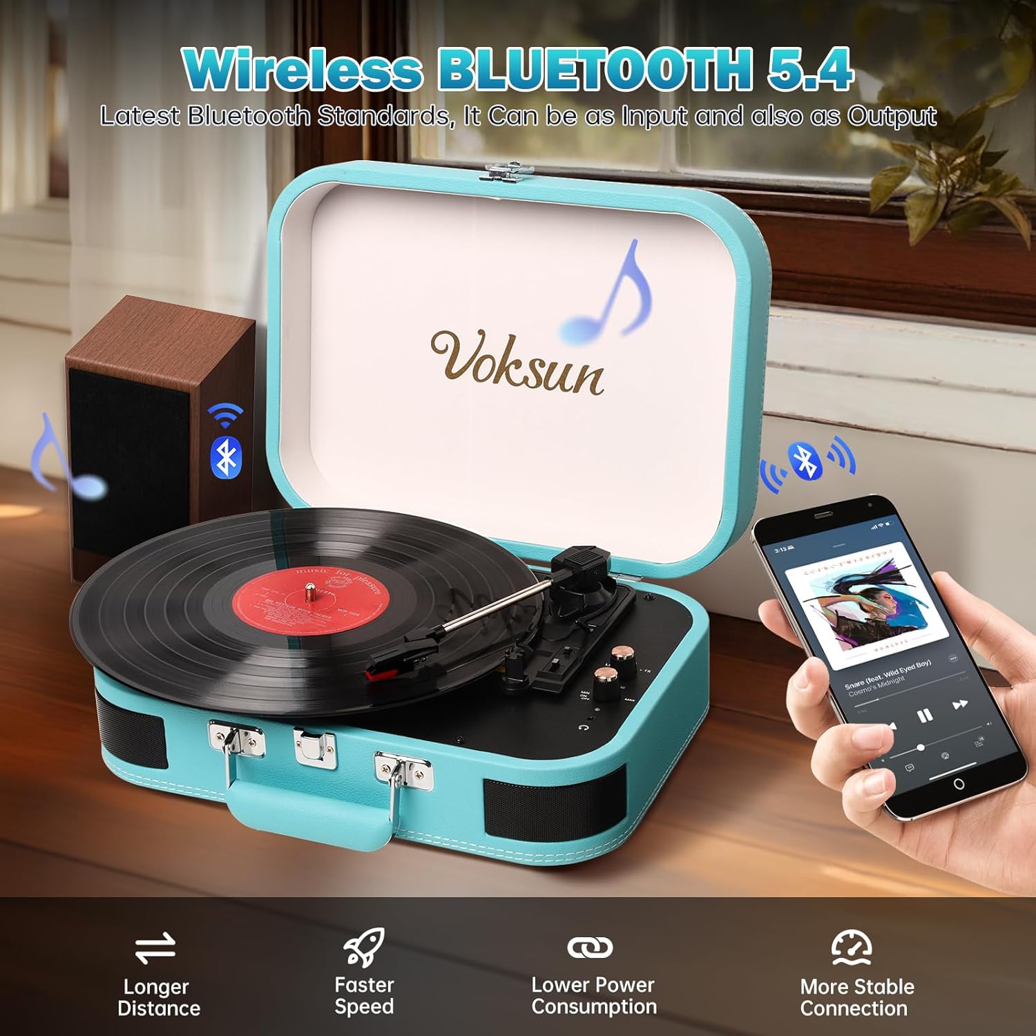 VOKSUN S300 record player open with a vinyl record on the platter, ready for playback.