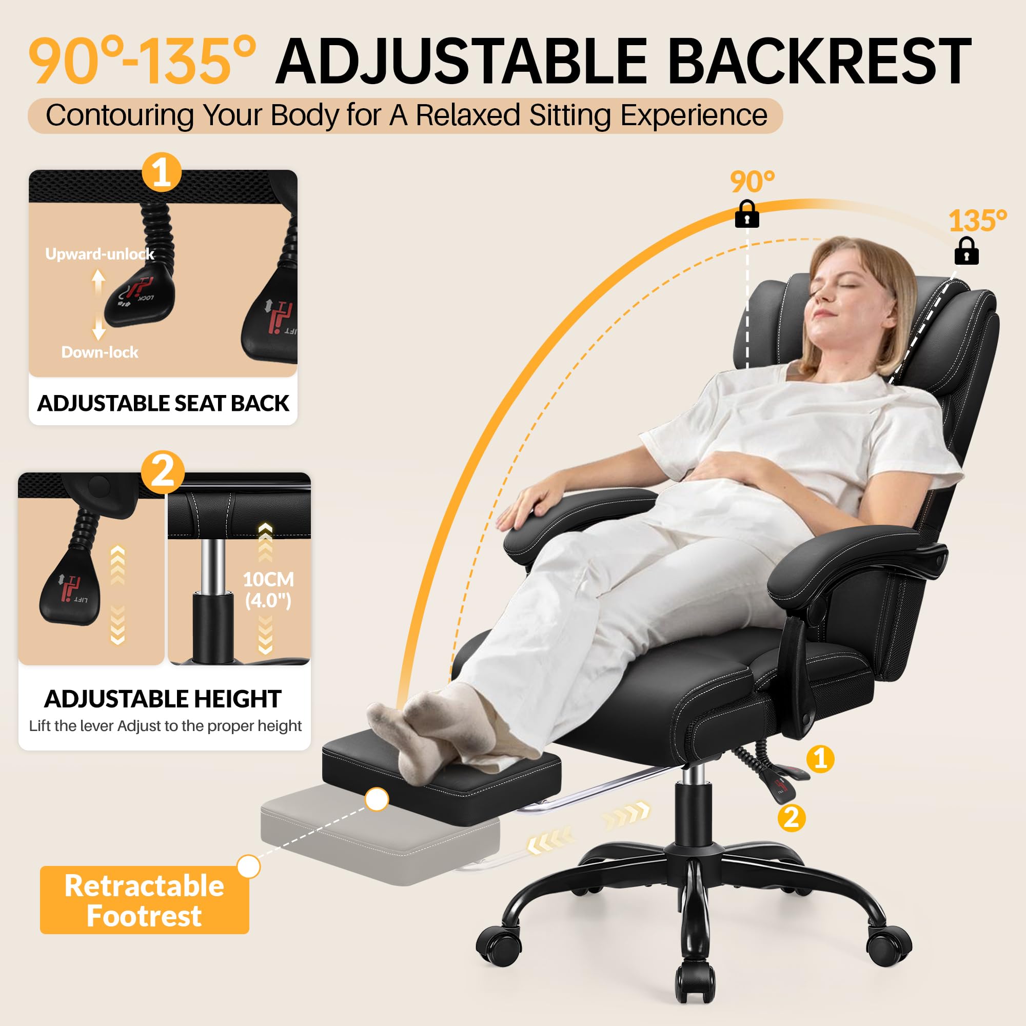 Office Chair, Executive Big and Tall Leather Desk Chairs with Footrest, Ergonomic Breathable Computer Chair with Adjustable High Back, Lumbar Support Swivel PC Chairs with Rocking Function