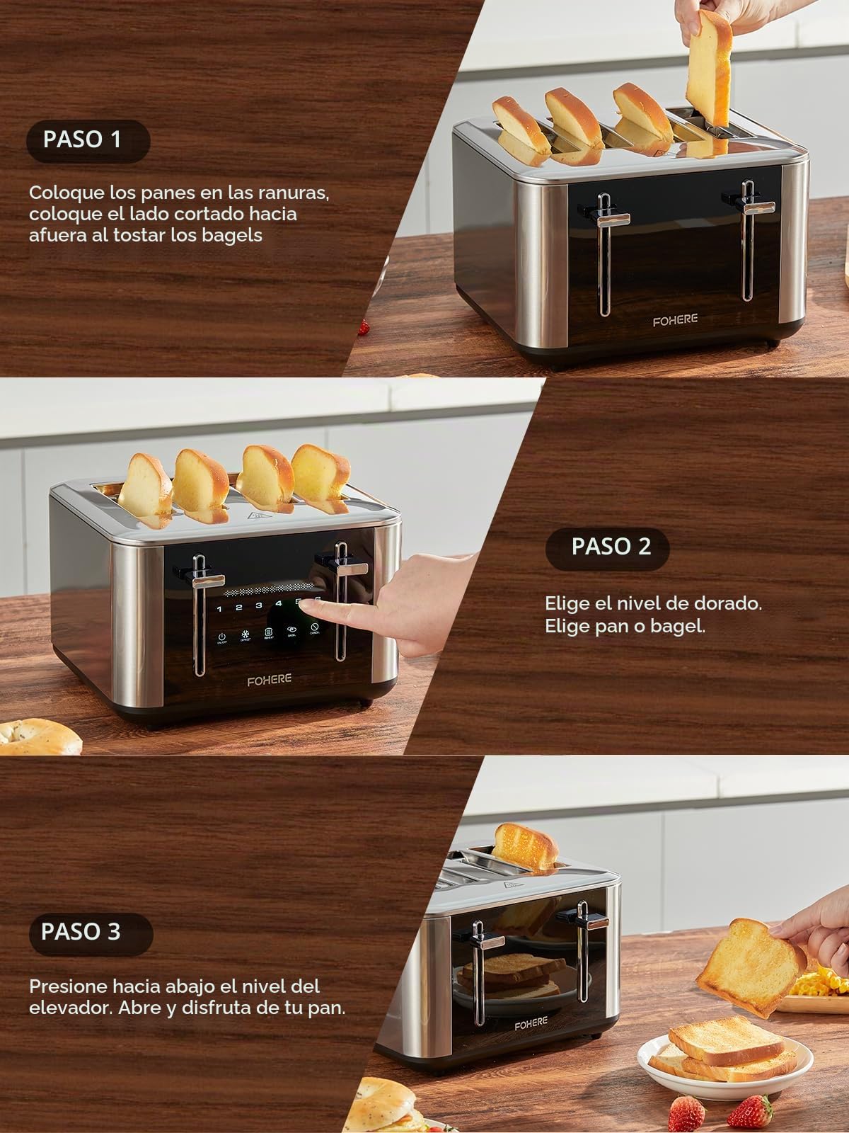 FOHERE Tostadora 4 Rebanadas, Pantalla Táctil LED, 6 Niveles Tostado | Función Recalentar y Descongelar, Bandeja Recogemigas Extraíble, Cuerpo de Acero Inoxidable, 1600W
