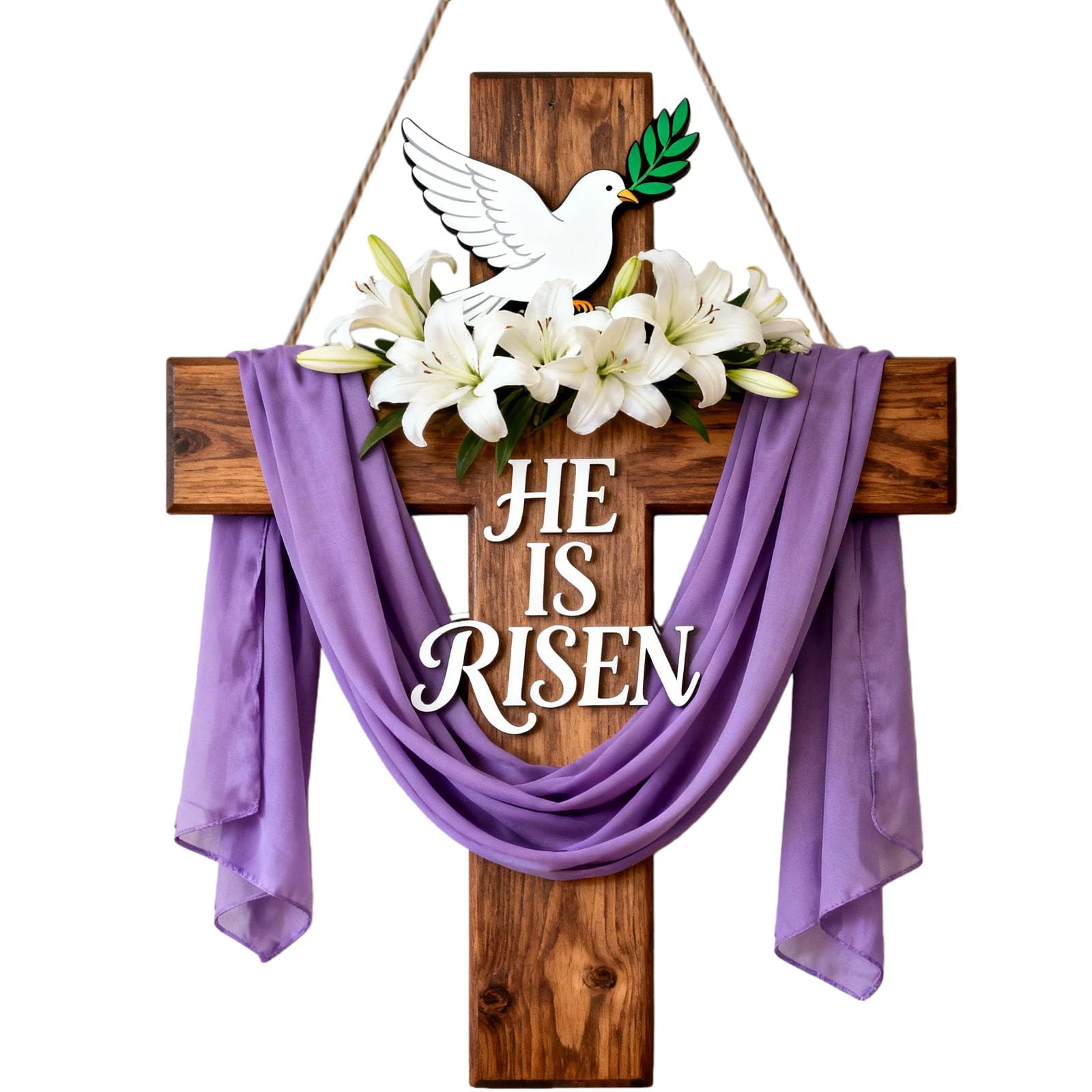 He is Risen Easter Decor, Wooden Cross Wall Hanging Sign with Purple Sash, White Lilies & Dove, Farmhouse Christian Home Decor for Front Door, Wall,