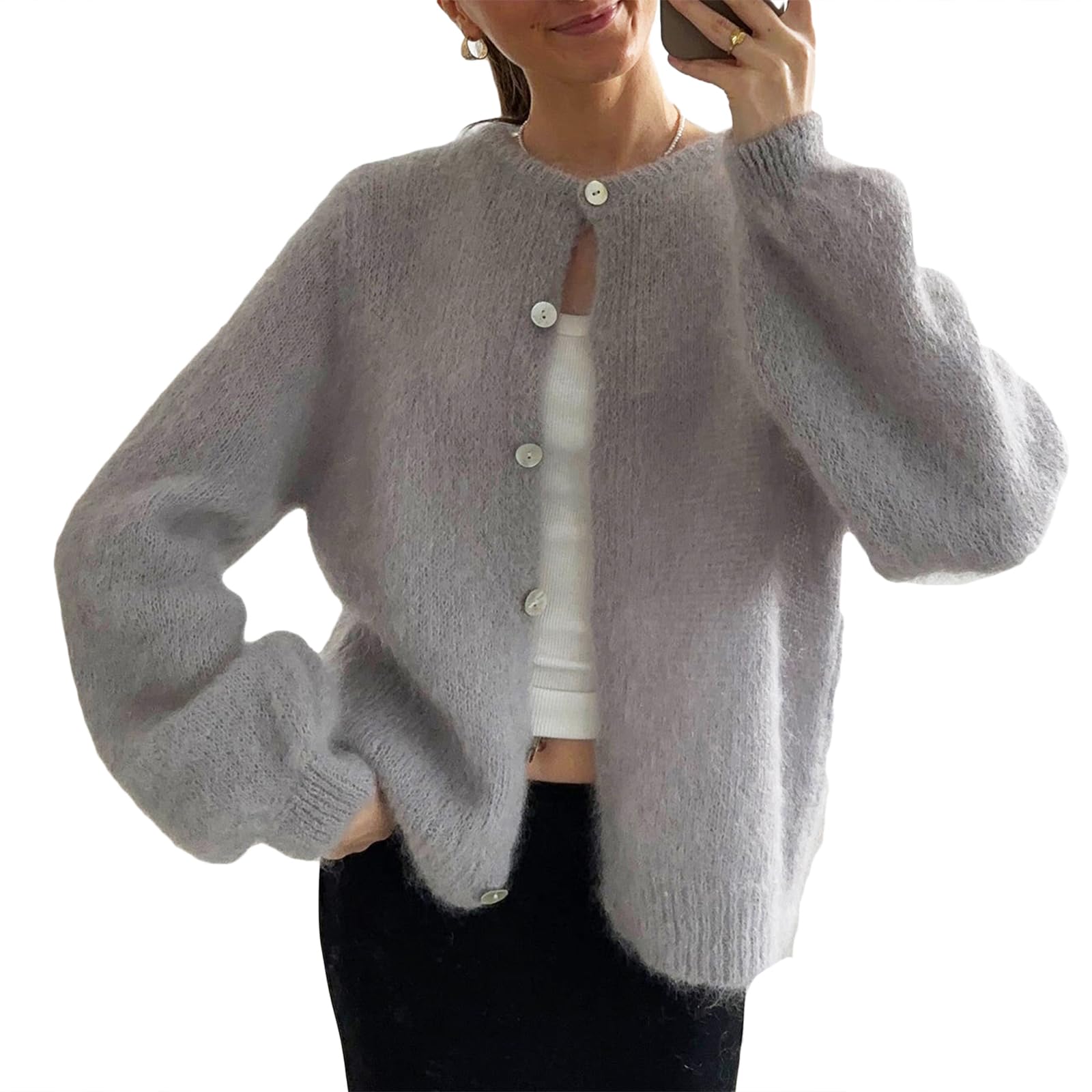 Womens Knit Lightweight Cardigan Sweaters Casual Long Sleeve Button Down Crew Neck Solid Sweater Tops